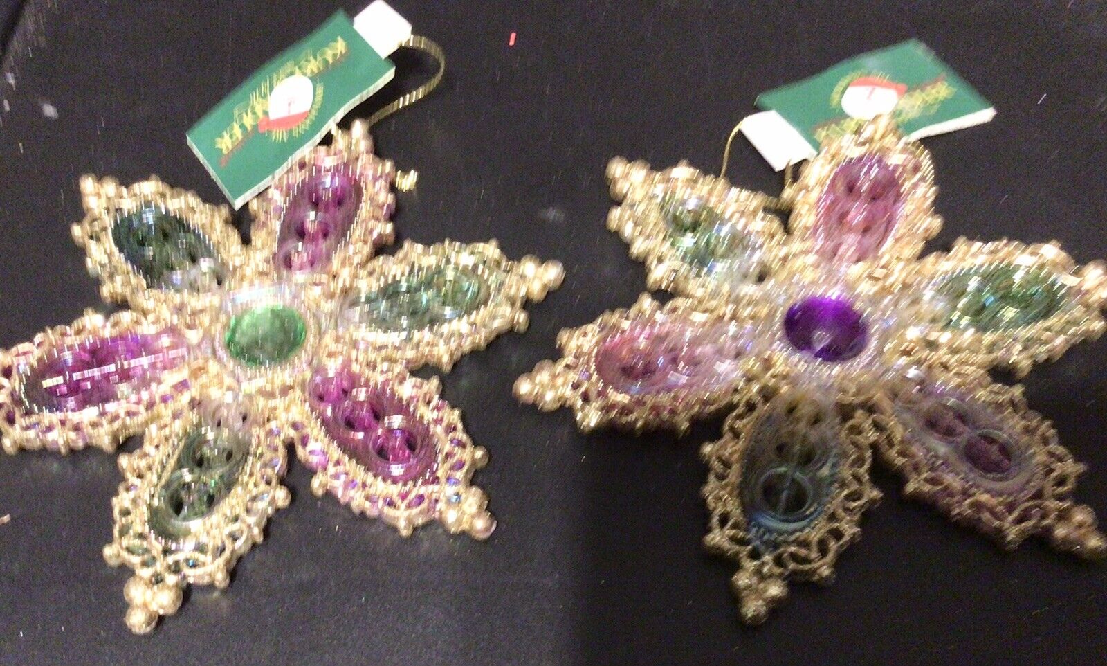 Kurt Adler Christmas Purple & Green & Gold Glitter Snowflake Ornaments 2 New