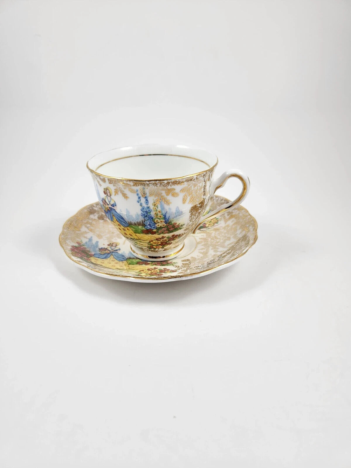 Colclough 6199 - Footed Teacup / Saucer - Featuring Crinoline Lady In A Garden
