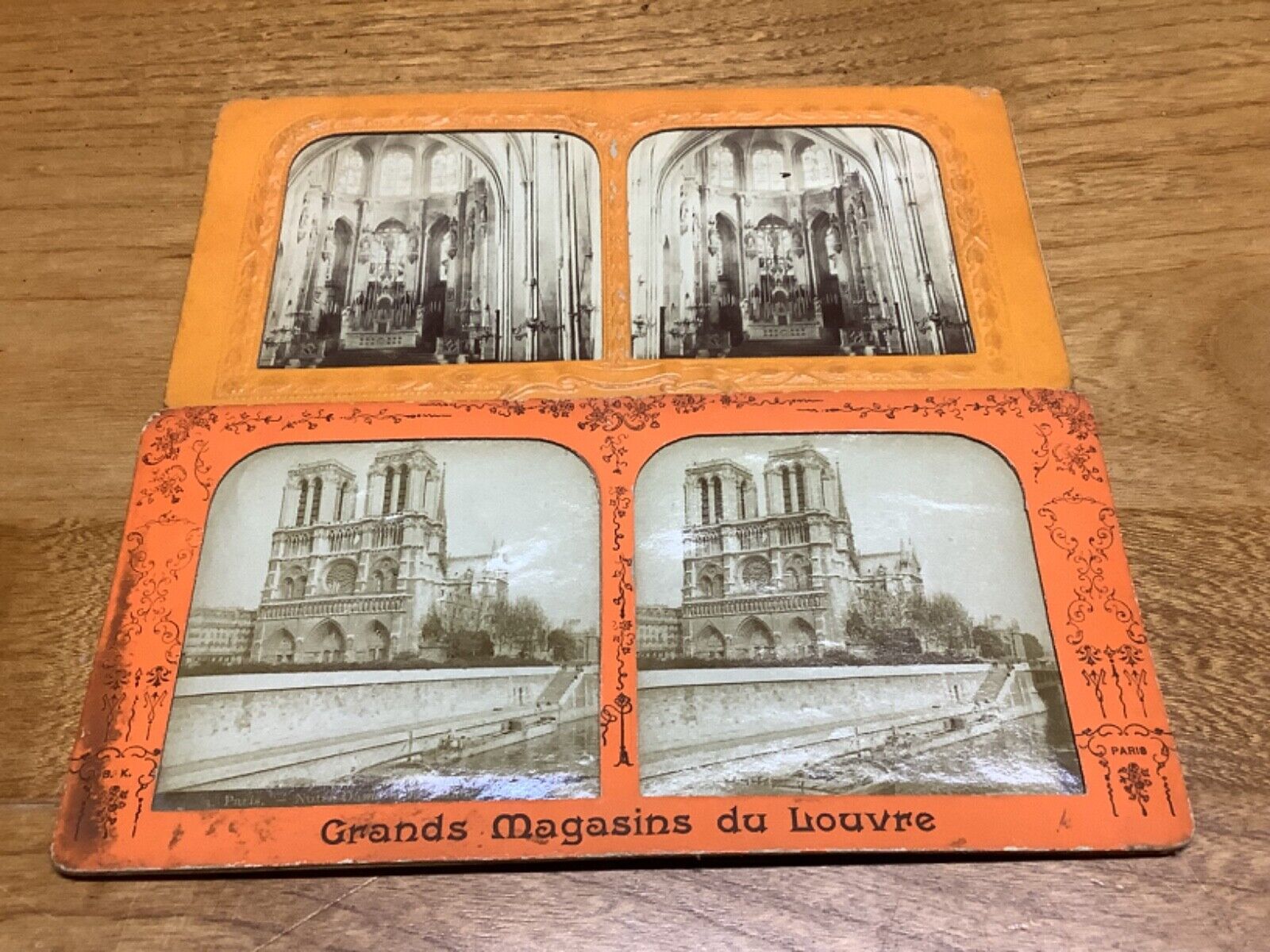 2 C. 1860s French Tissue Stereoviews Of Notre Dame Interior & Exterior SCARCE