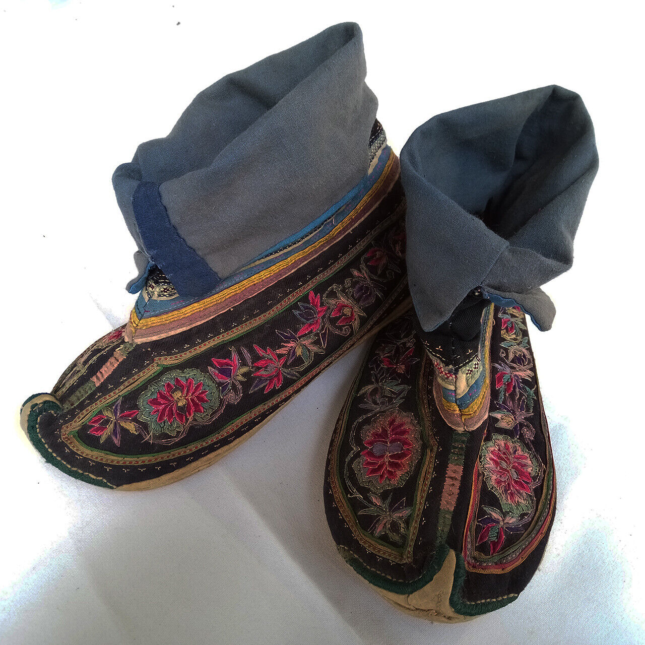 Antique Ethnic Hill Tribe Hmong 100% Hand Sewing Fabric Boots Shoes Embroidery