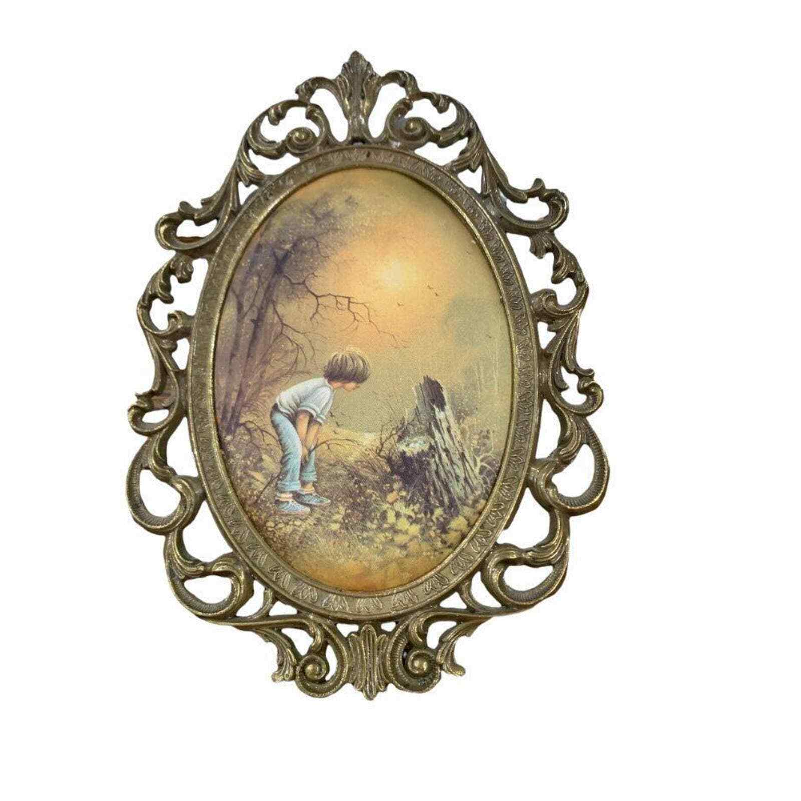 Vintage Oval PictureYoung Curious Boy in the Woods Brass Frame with Silk Print