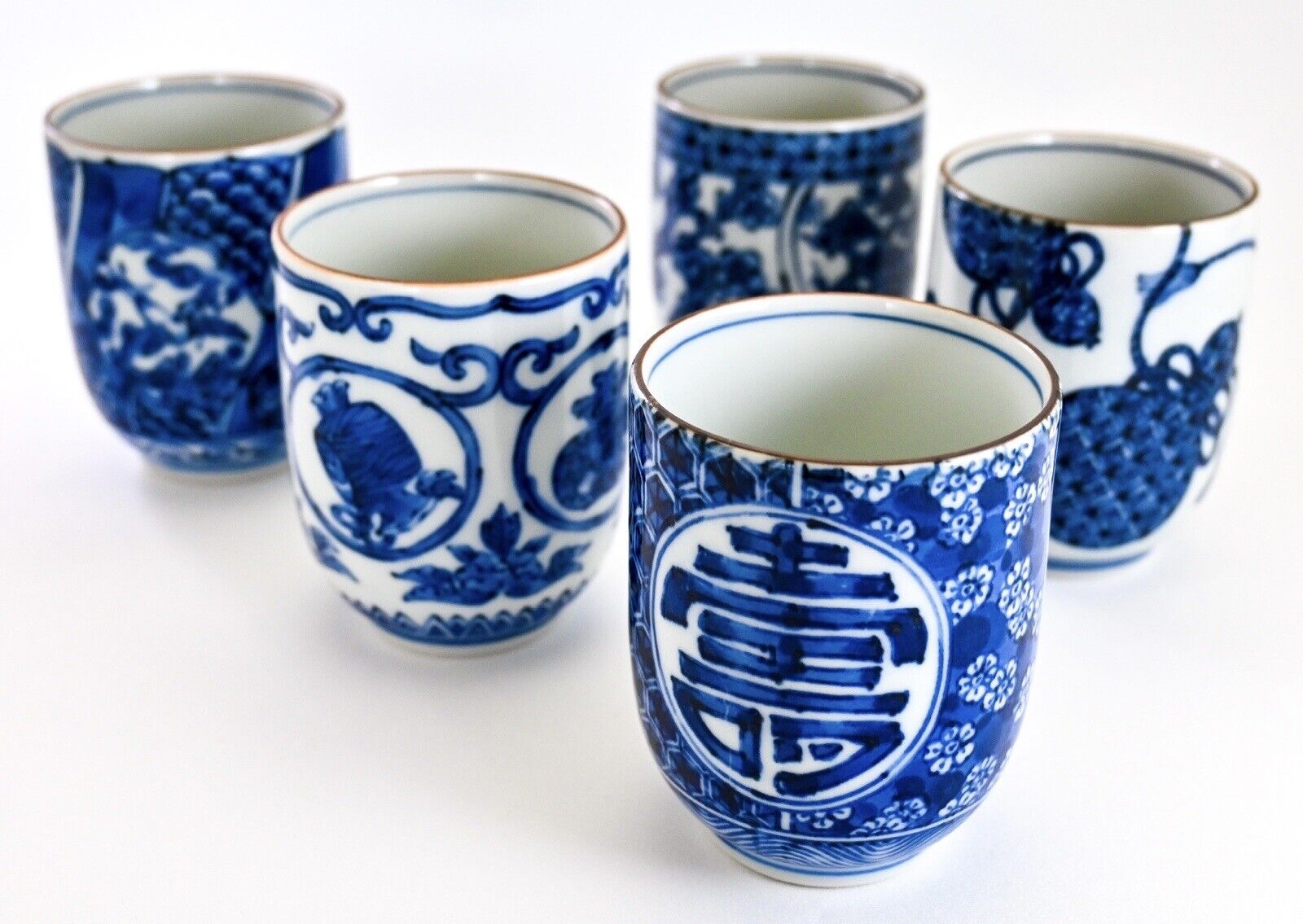 VTG 5 Set Japanese YUNOMI Tea Cup Blue & White Lucky Charm Porcelain Seto Ware