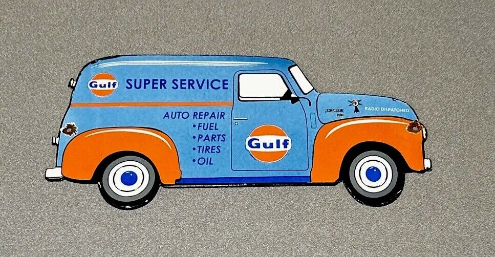 VINTAGE 15” GULF SERVICE DEALERSHIP TRUCK PORCELAIN SIGN CAR GAS OIL AUTOMOBILE