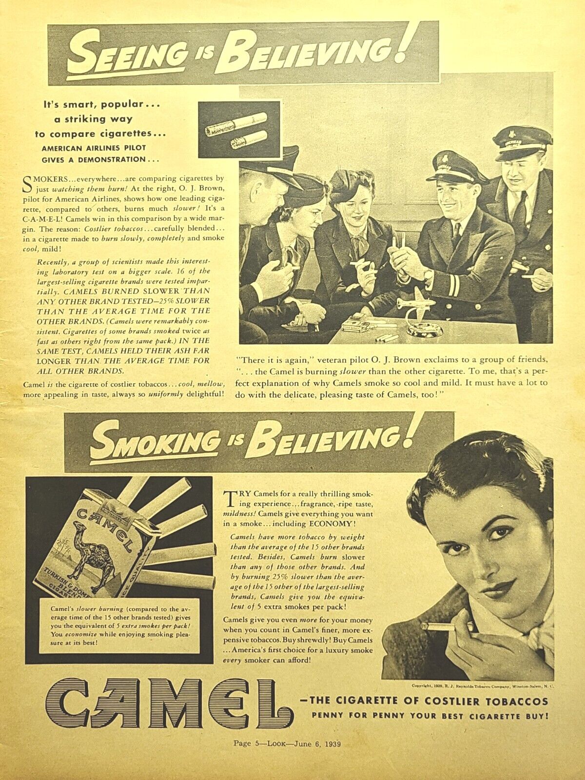 Camel Cigarettes Pilots Stewardesses Test Comparison Vintage Print Ad 1939