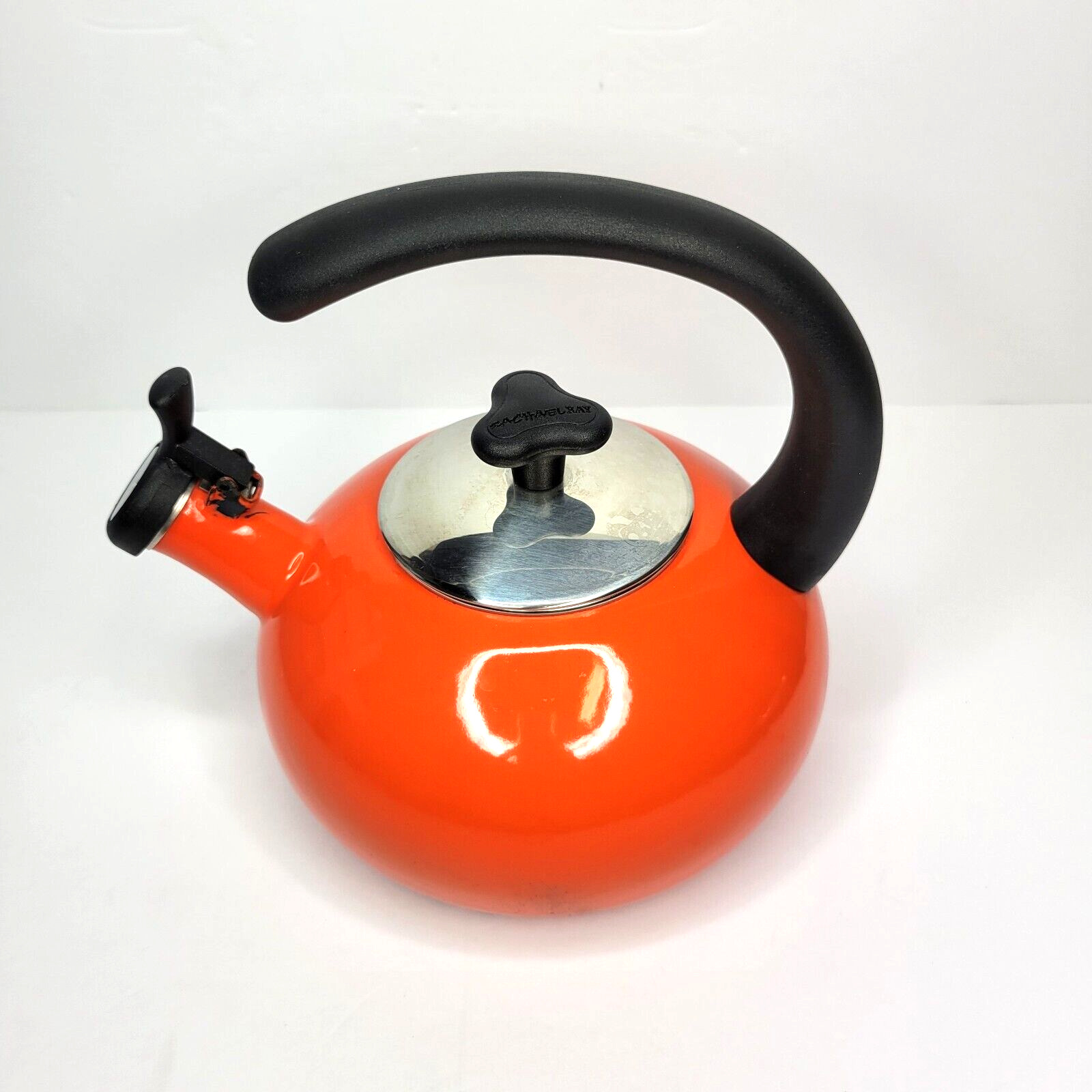 Rachel Ray Tea Pot 1.5 Quart Orange Enamel Whistling