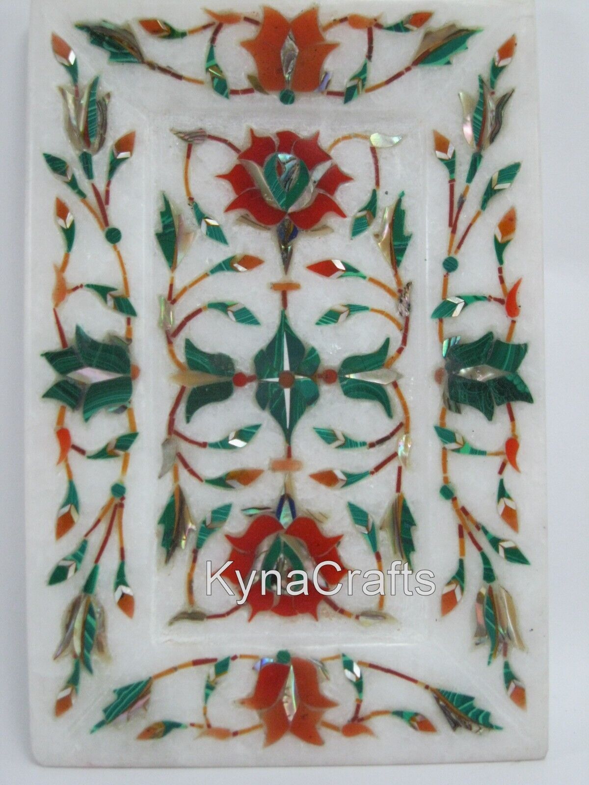 6 x 4 Inches Inlaid with Floral Design Serving Tray White Marble Decorative Tray