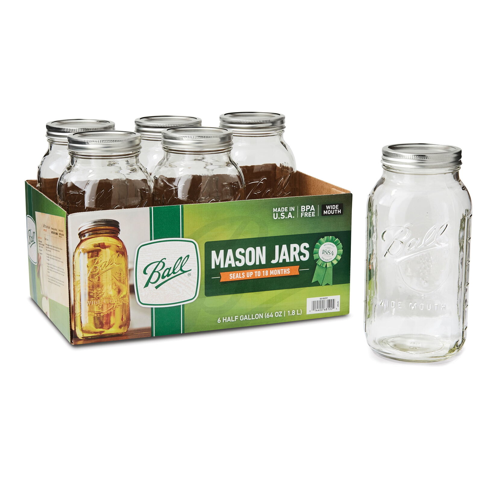  Wide Mouth 64oz Half Gallon Mason Jars with Lids & Bands, 6 Count