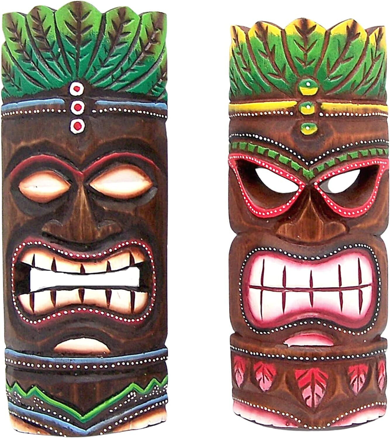 Set of 2 Assorted Vibrant Wooden Tiki Heads, 2 Hawaiin Style Wall Hanging Tiki