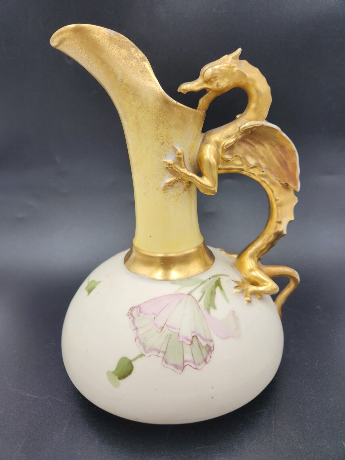 Robert Hanke Austrian Porcelain Dragon Handle Pitcher w/Hand Painted Flower READ