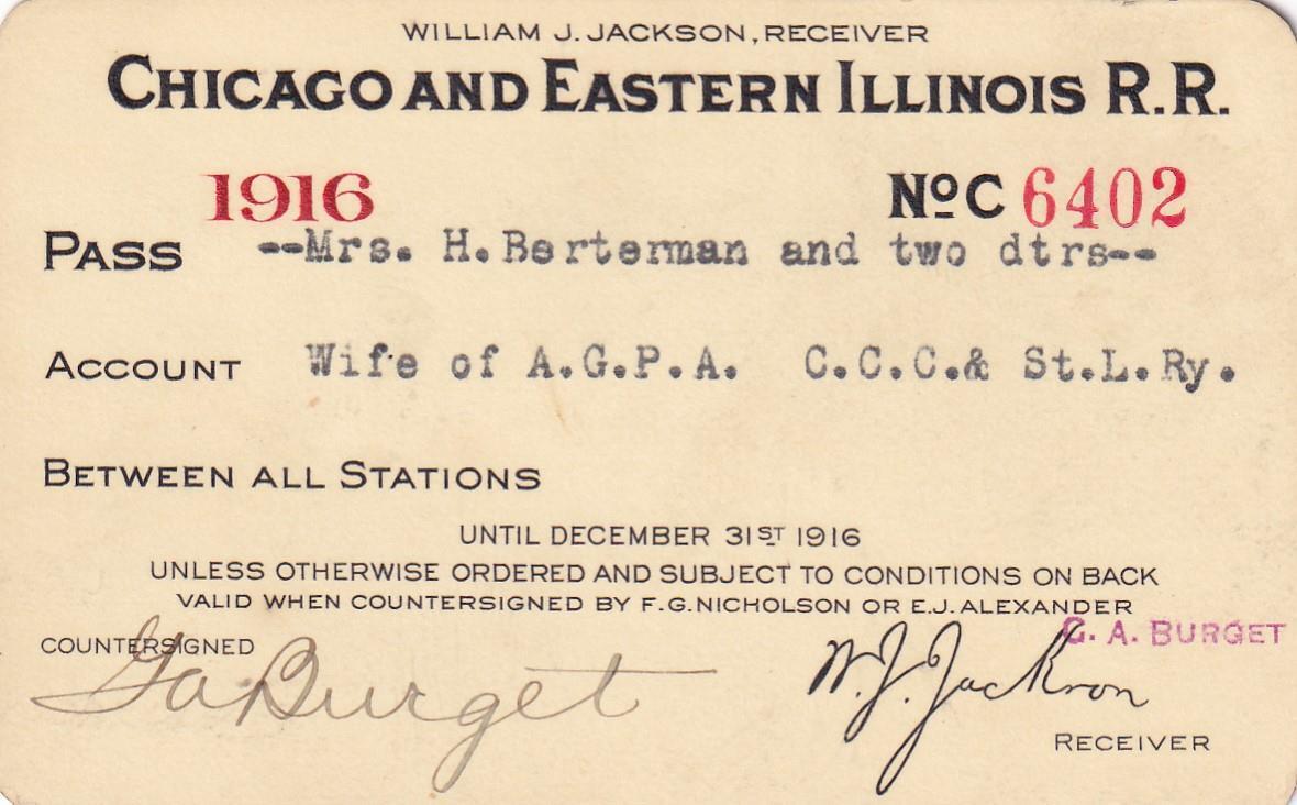 1916 C&EI Chicago & Eastern Illinois Railroad pass- Big 4 Railroad, CCC&StL