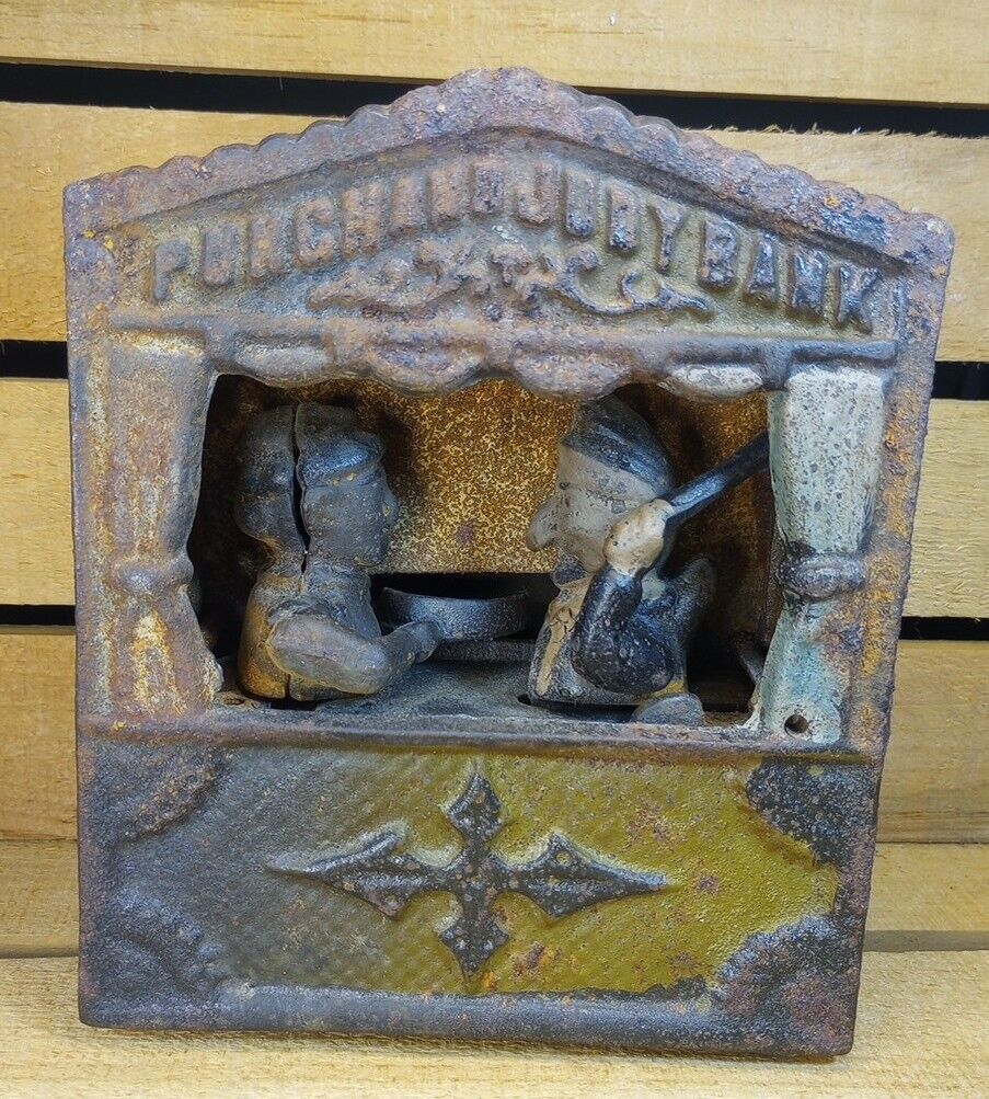 Vintage iron PUNCH AND JUDY Mechanical Coin Bank for restoration, photos & video