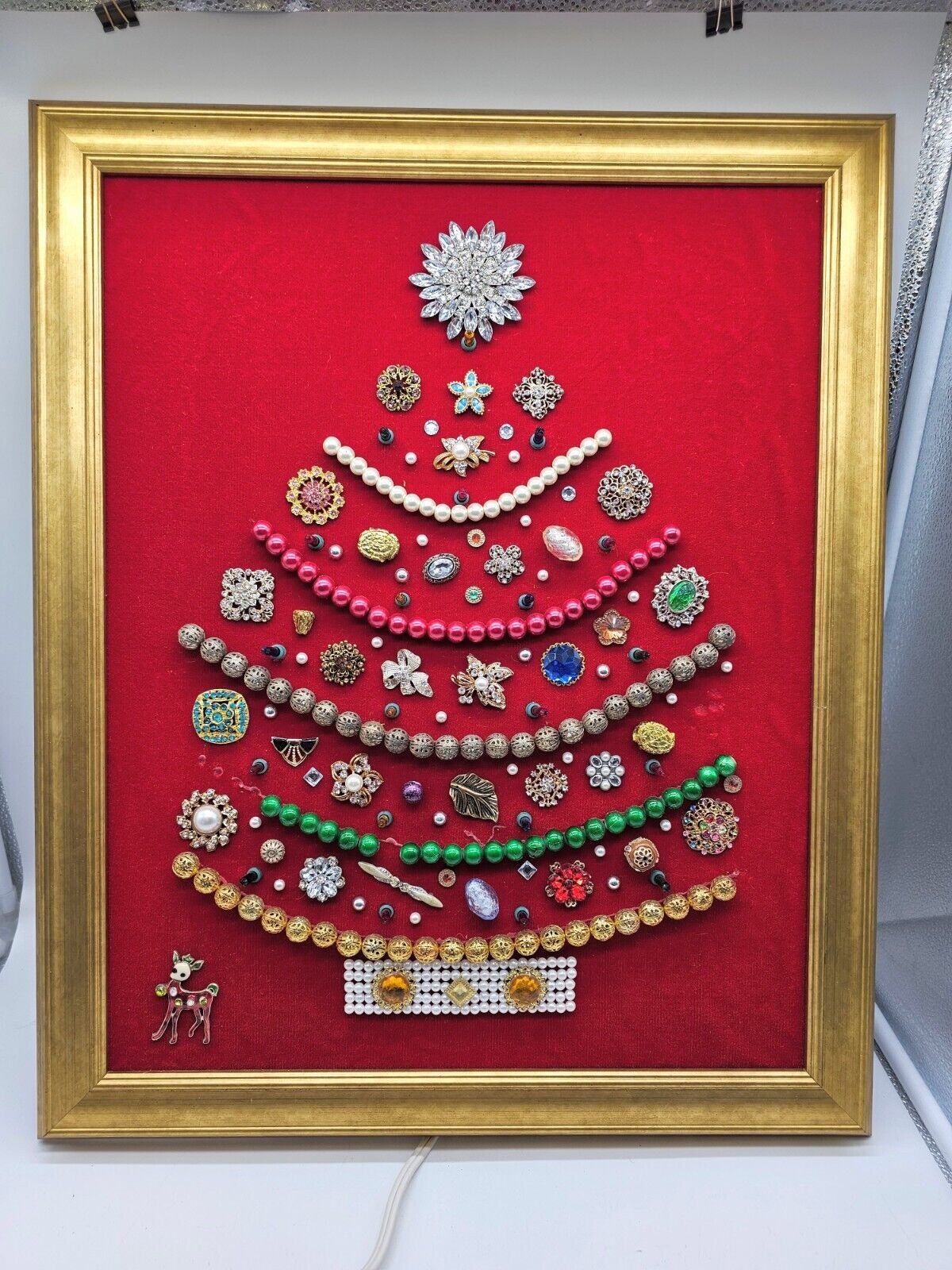 Vintage Costume Jewelry Framed Christmas Tree Wall Art Lights Up Handmade OOAK 