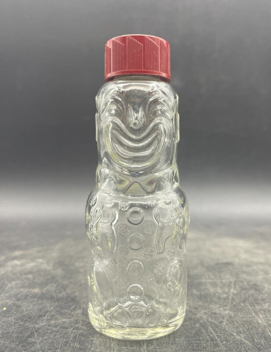 Vintage Glass Clown Figural Bottle Candy Container Red Screw Cap - Brockway