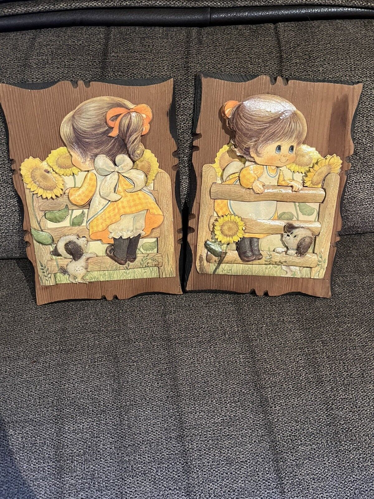 2 Precious Moments style sunflower dog Wood Art Vtg Wall Hanging 3 dimensional