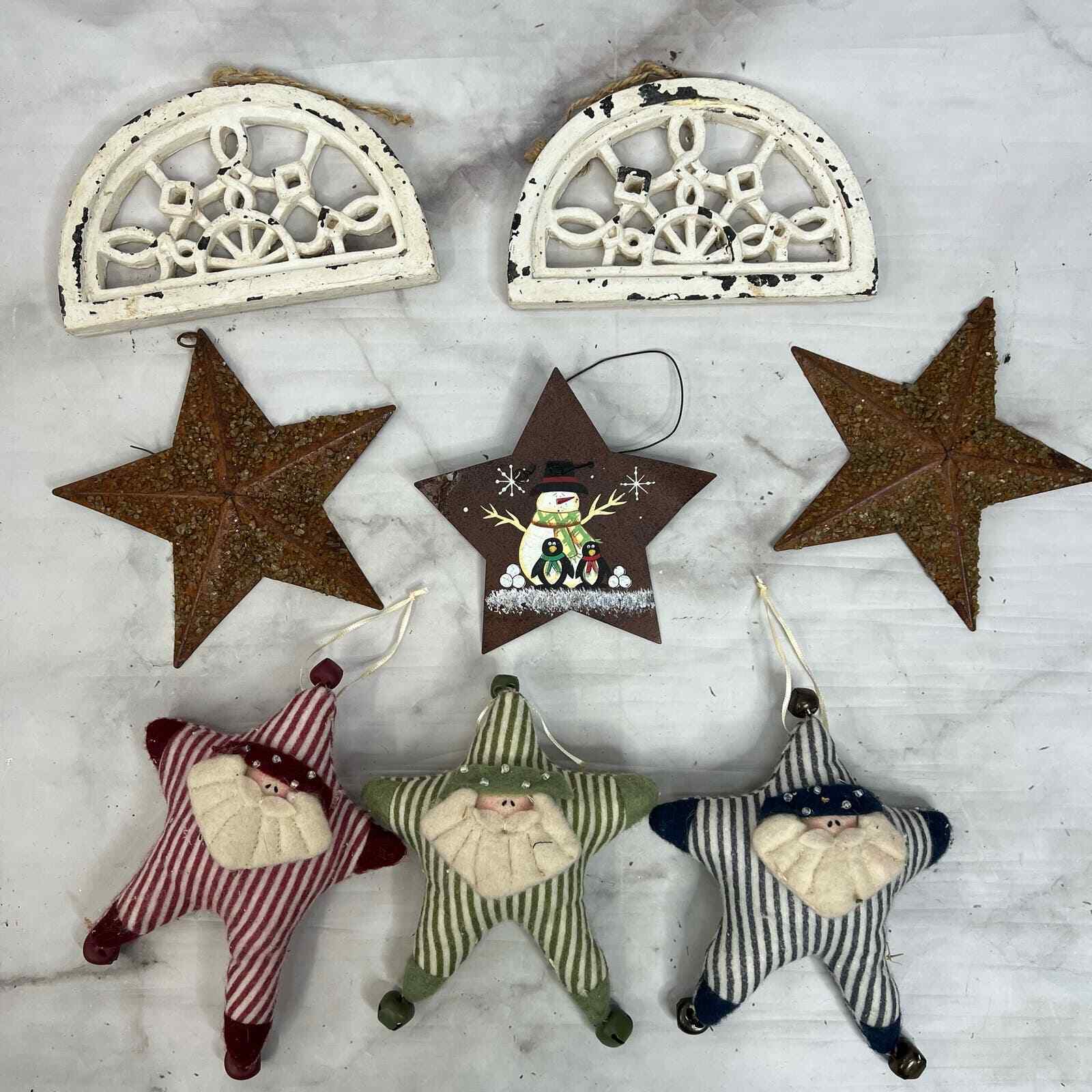 Lot of 8 Rustic Farmhouse Christmas Ornaments Santa Stars Snowman Window Arch