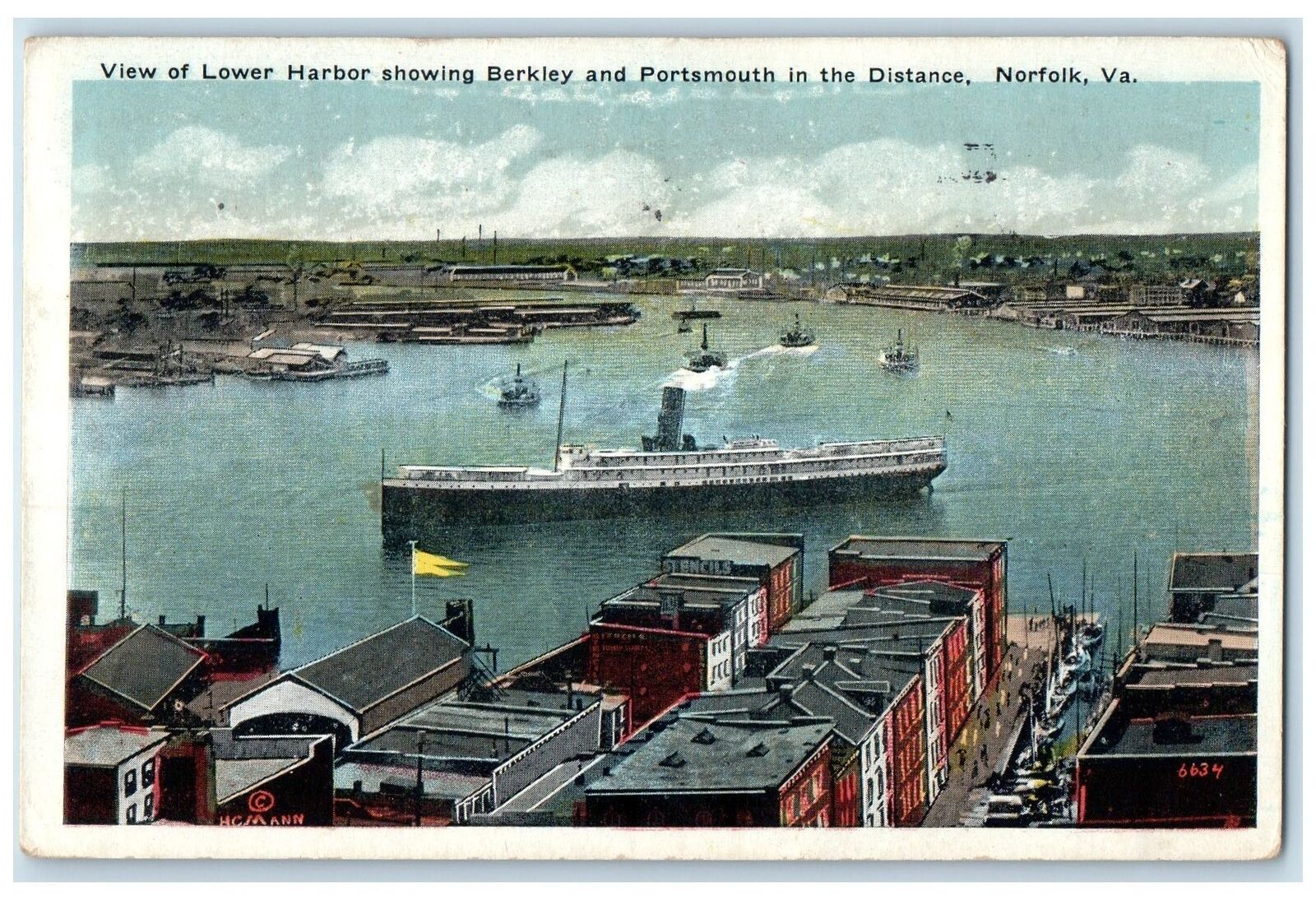 1938 View Of Lower Harbor Berkley And Portsmouth Norfolk VA Posted Boat Postcard