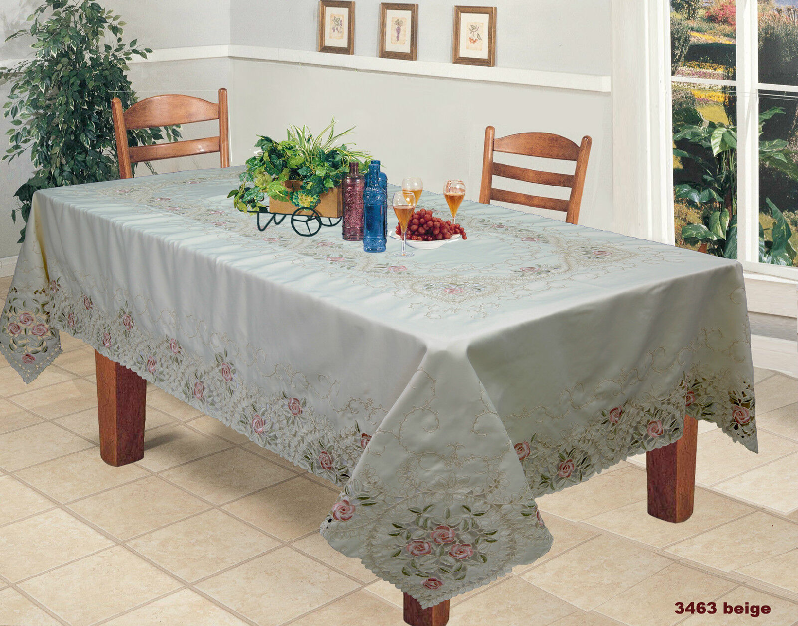 Spring Embroidered Pink Rose Floral Tablecloth 70x120
