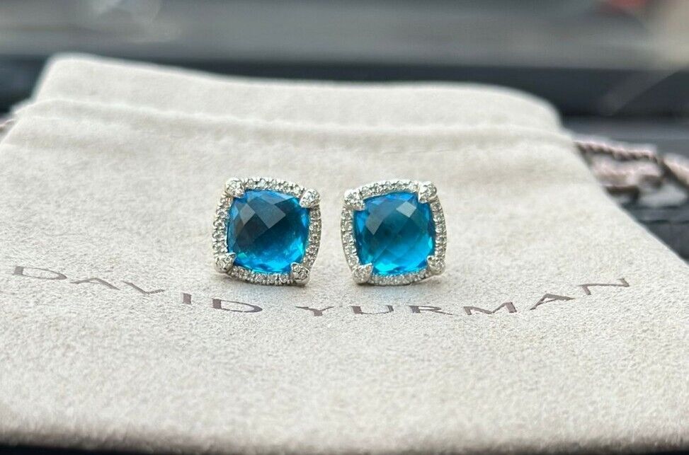 David Yurman Sterling Silver 9mm  Chatelaine Earrings & Blue Topaz Diamonds 