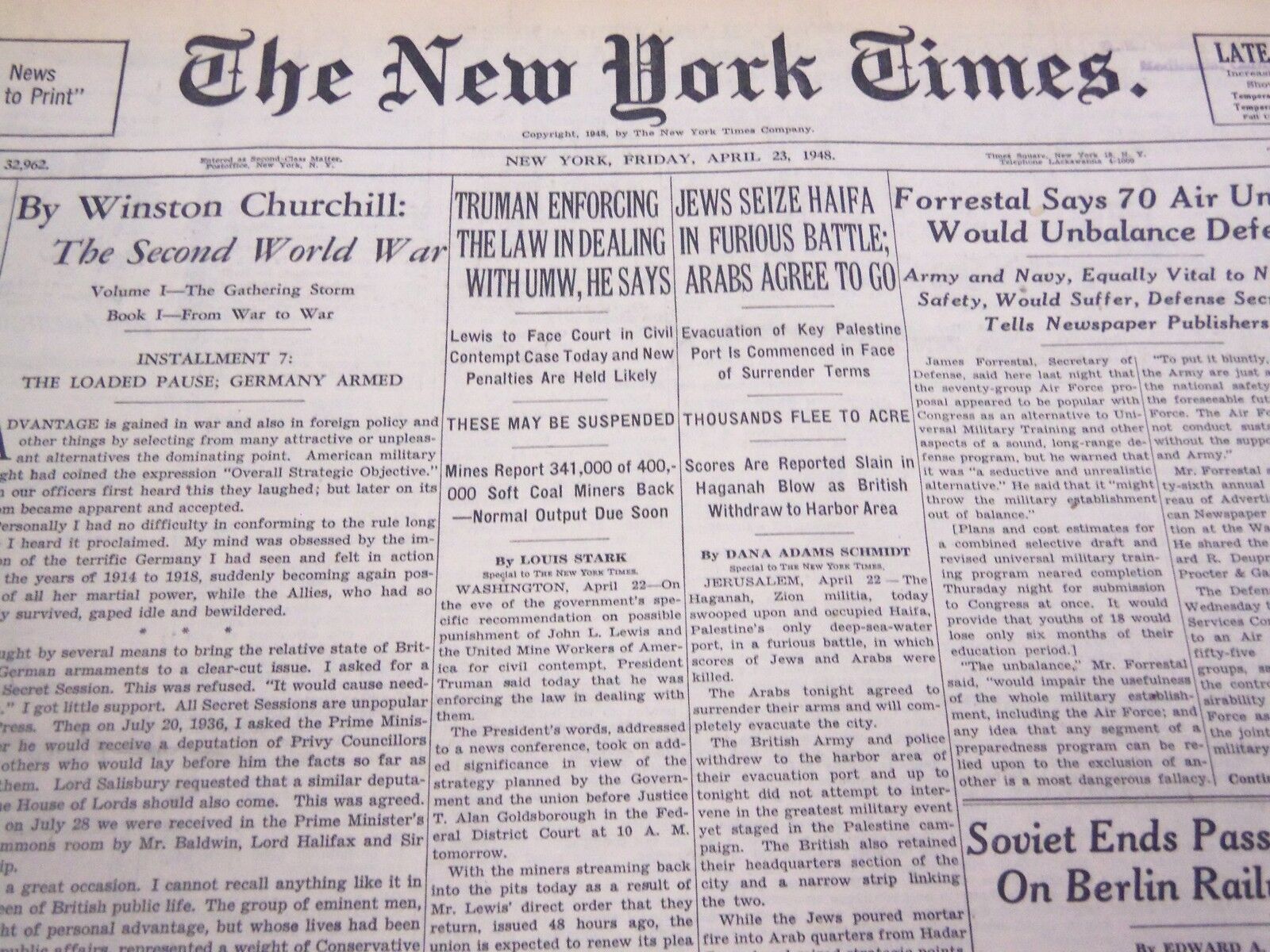 1948 APRIL 23 NEW YORK TIMES - JEWS SEIZE HAIFA IN FURIOUS BATTLE - NT 4386