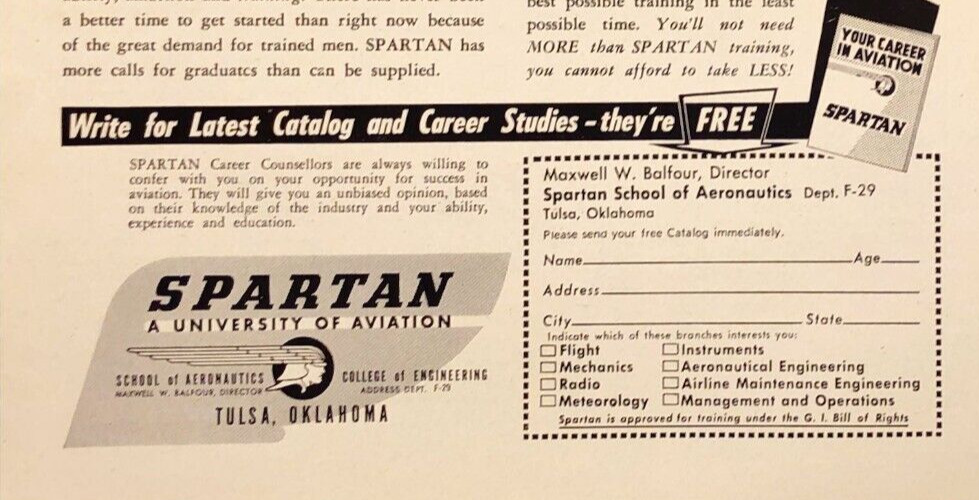 1949 Spartan School of Aeronautics Tulsa OK Aviation Career Vintage Print Ad