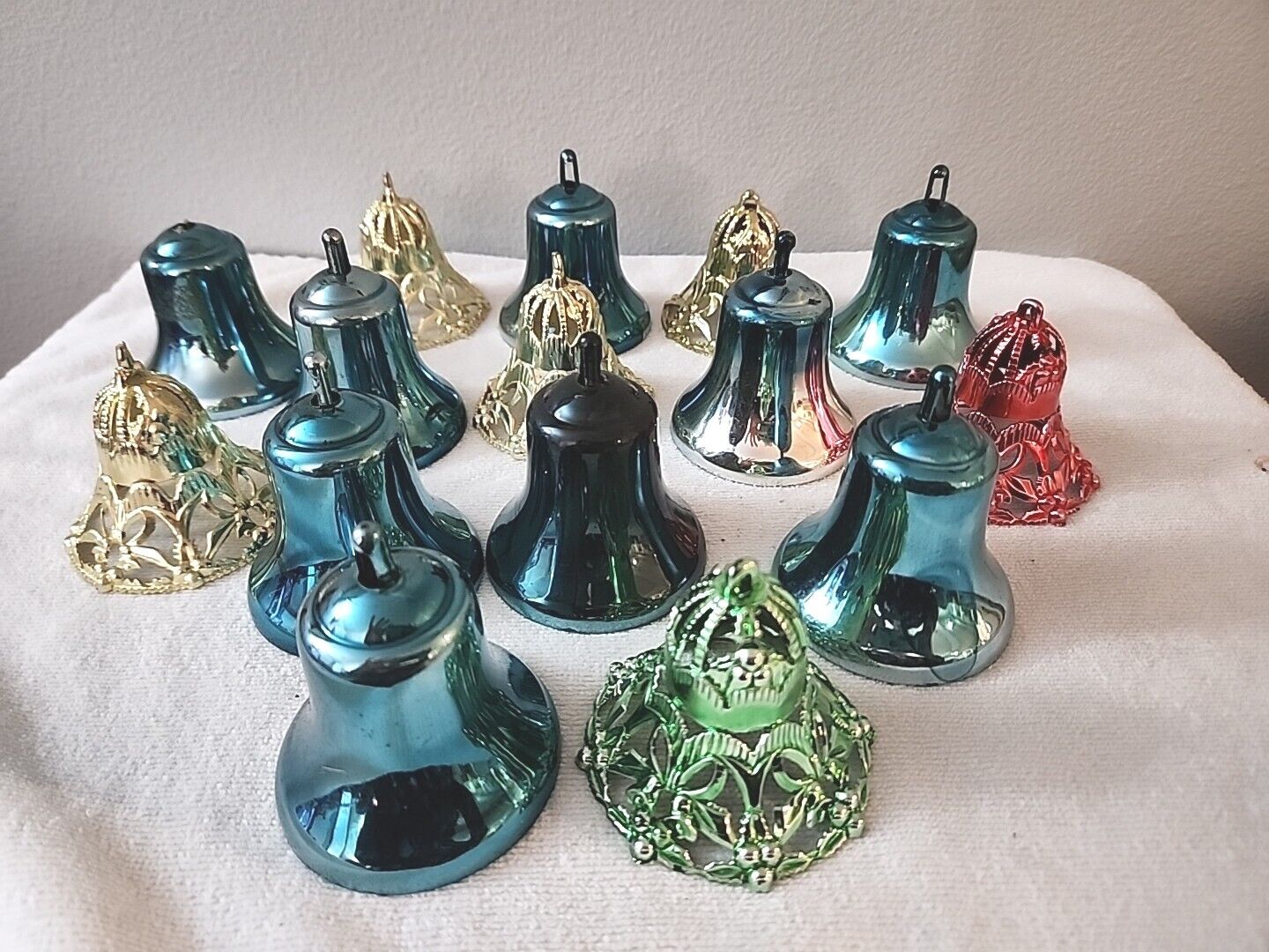 Lot of 15 Vintage Bradford Plastic Bells Christmas Ornaments Filigree & Solid