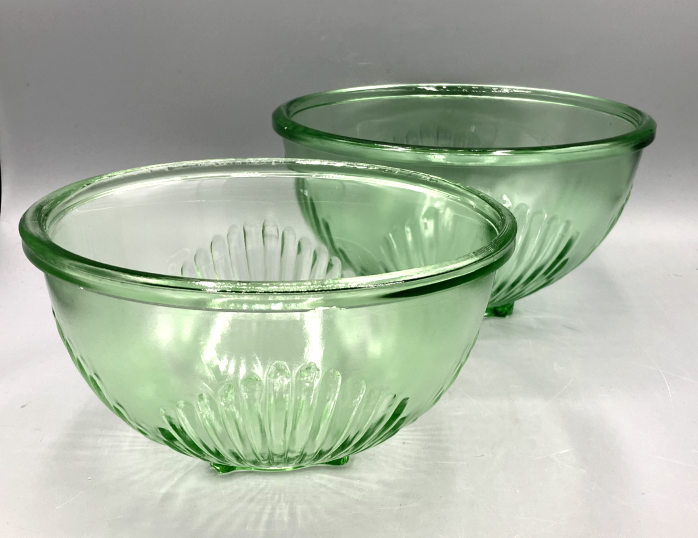 Two Depression Era Green Jeanette Glass Mixing Bowls Shell Pattern 8\