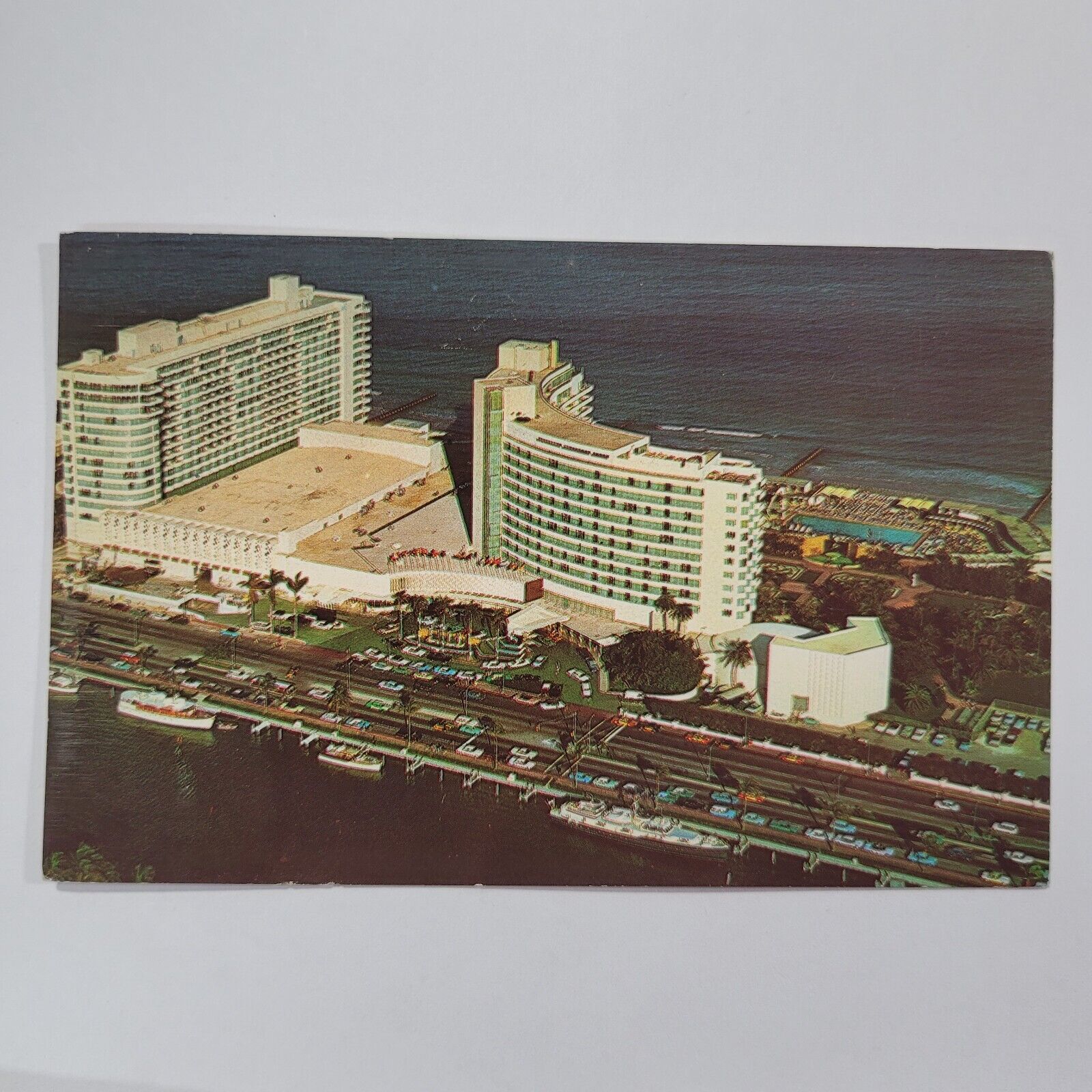Miami Beach FL Aerial View Fontainebleau Hotel Yachts Florida Postcard c1964