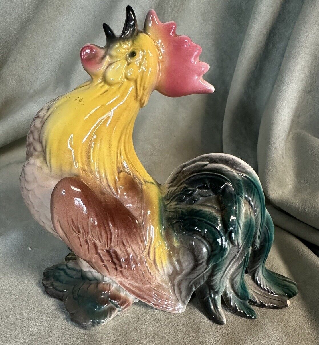 Vintage CROWING ROOSTER chicken Figurine 7” T rustic farmhouse farm MCM