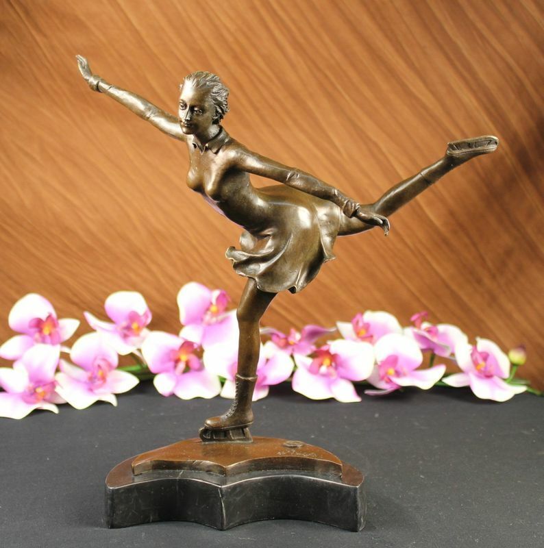 Art Deco Bronze Figure of a Skater Female Woman Lady on Solid Marble Base - Ice