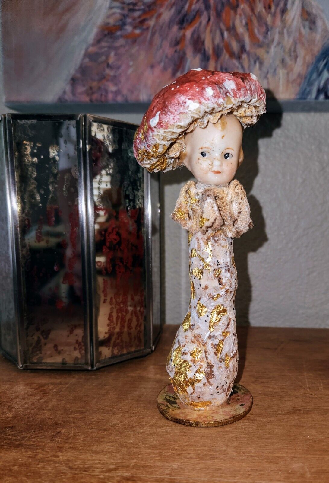 Vintage German Style Bisque And Spun Cotton Mushroom Doll Ooak