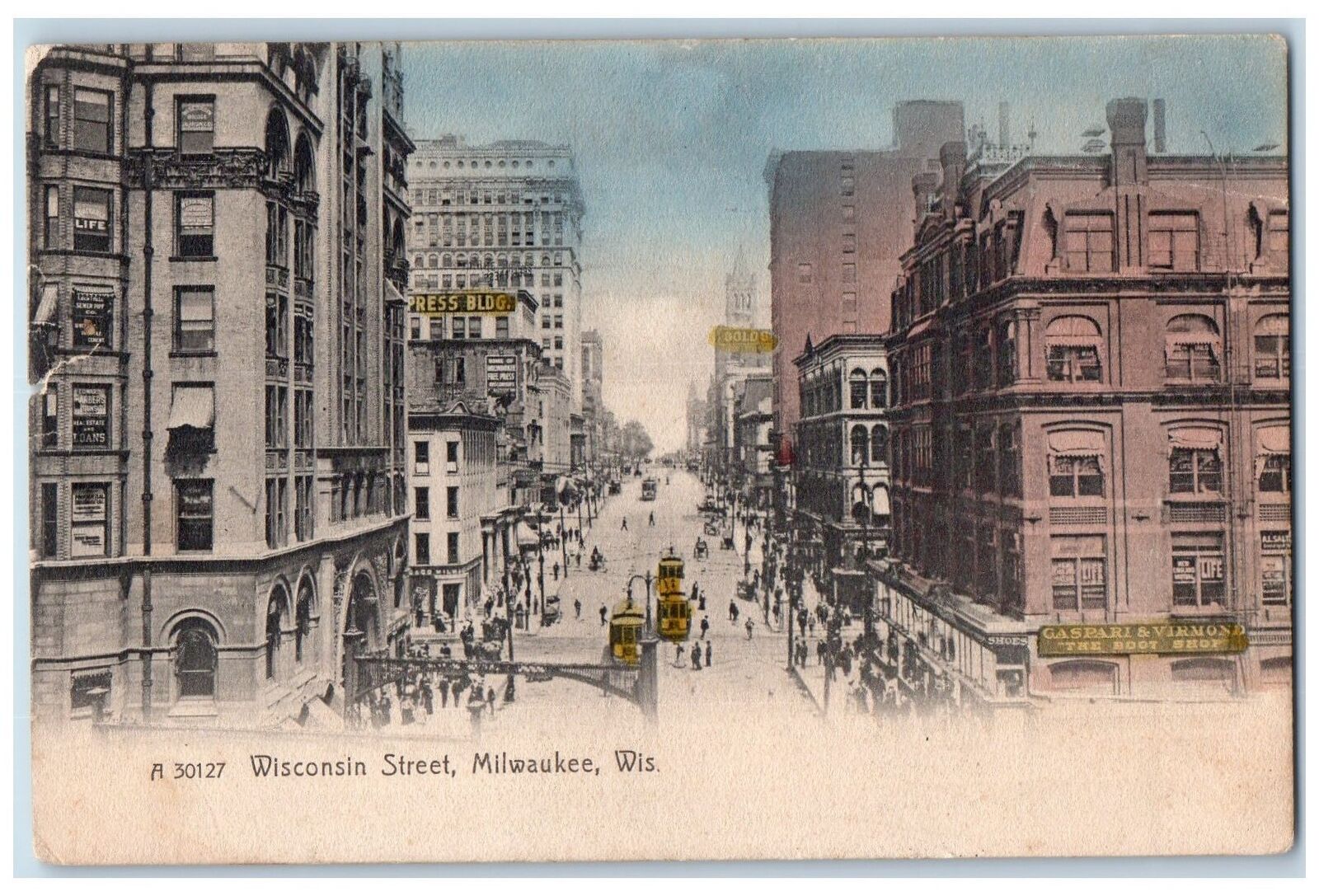 1909 Wisconsin Street Trolley Crowd Establishments Railway Milwaukee WI Postcard