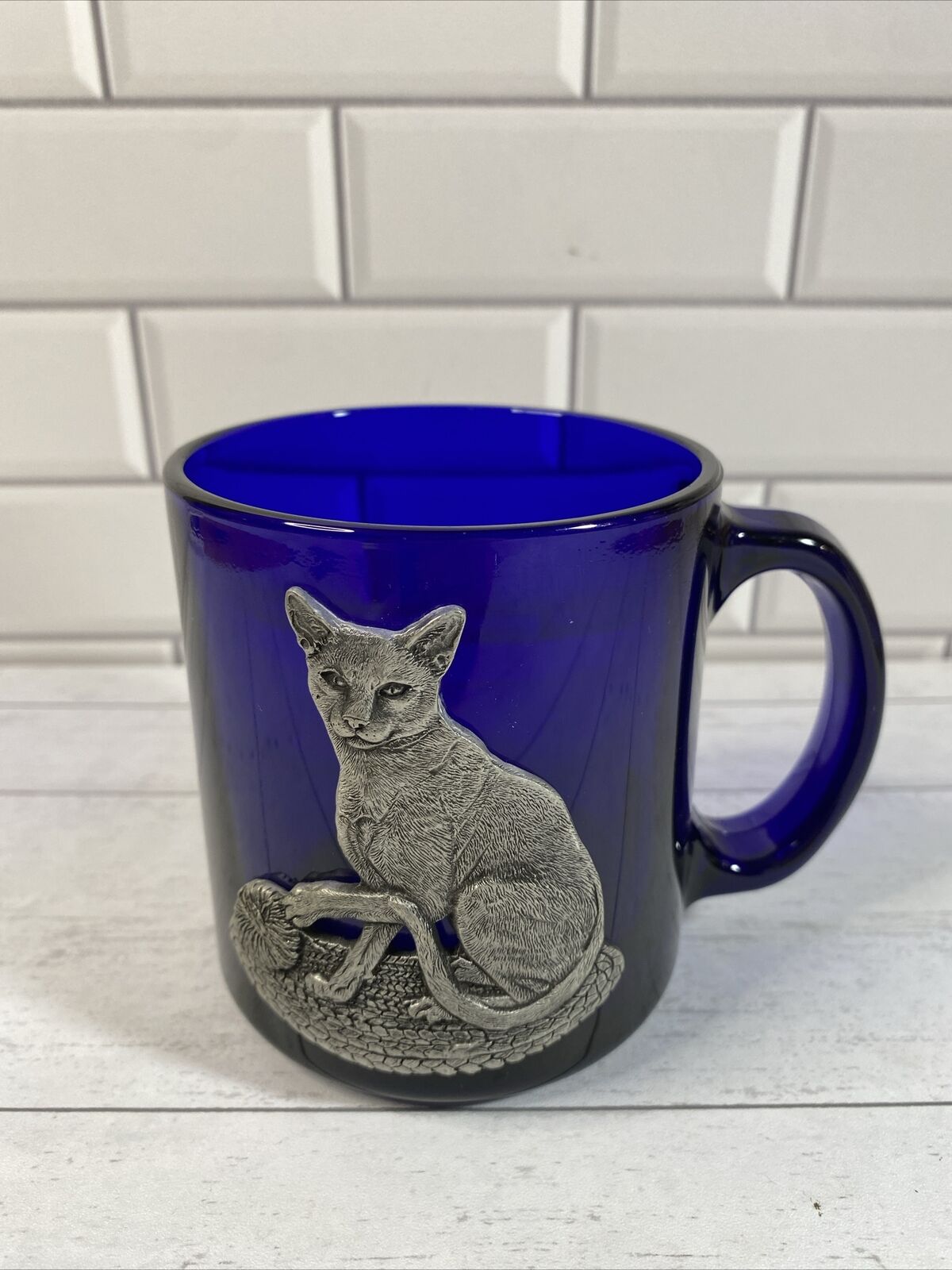 Cobalt Blue Glass Coffee Mug Cup Pewter Can With Yarn 12 Oz