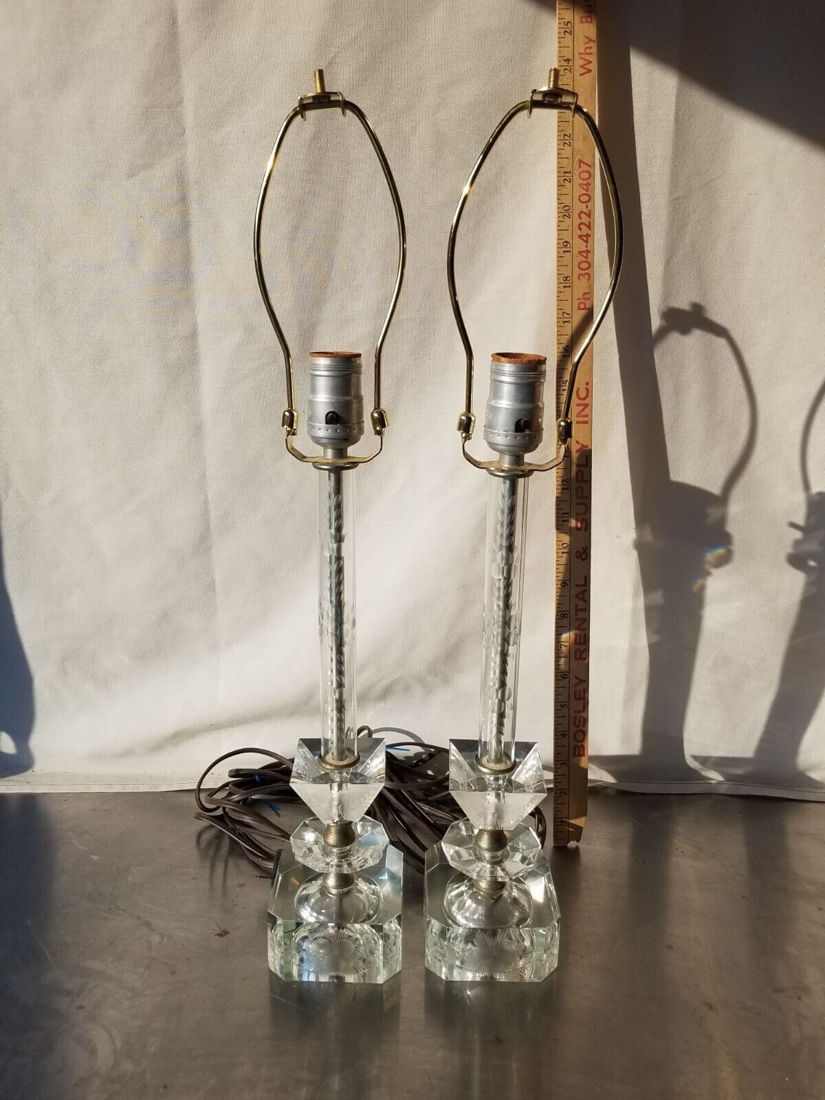 Vintage Pair Cut Crystal Lamps Boudoir Candlestick Style Mid Modern 