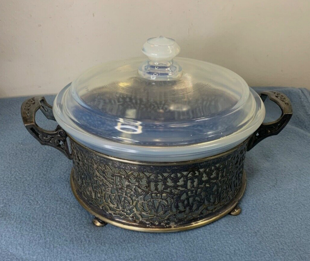 VTG FRY OVENGLASS BAKING CASSEROLE DISH WITH SILVER PLATED HOLDER 1938-8