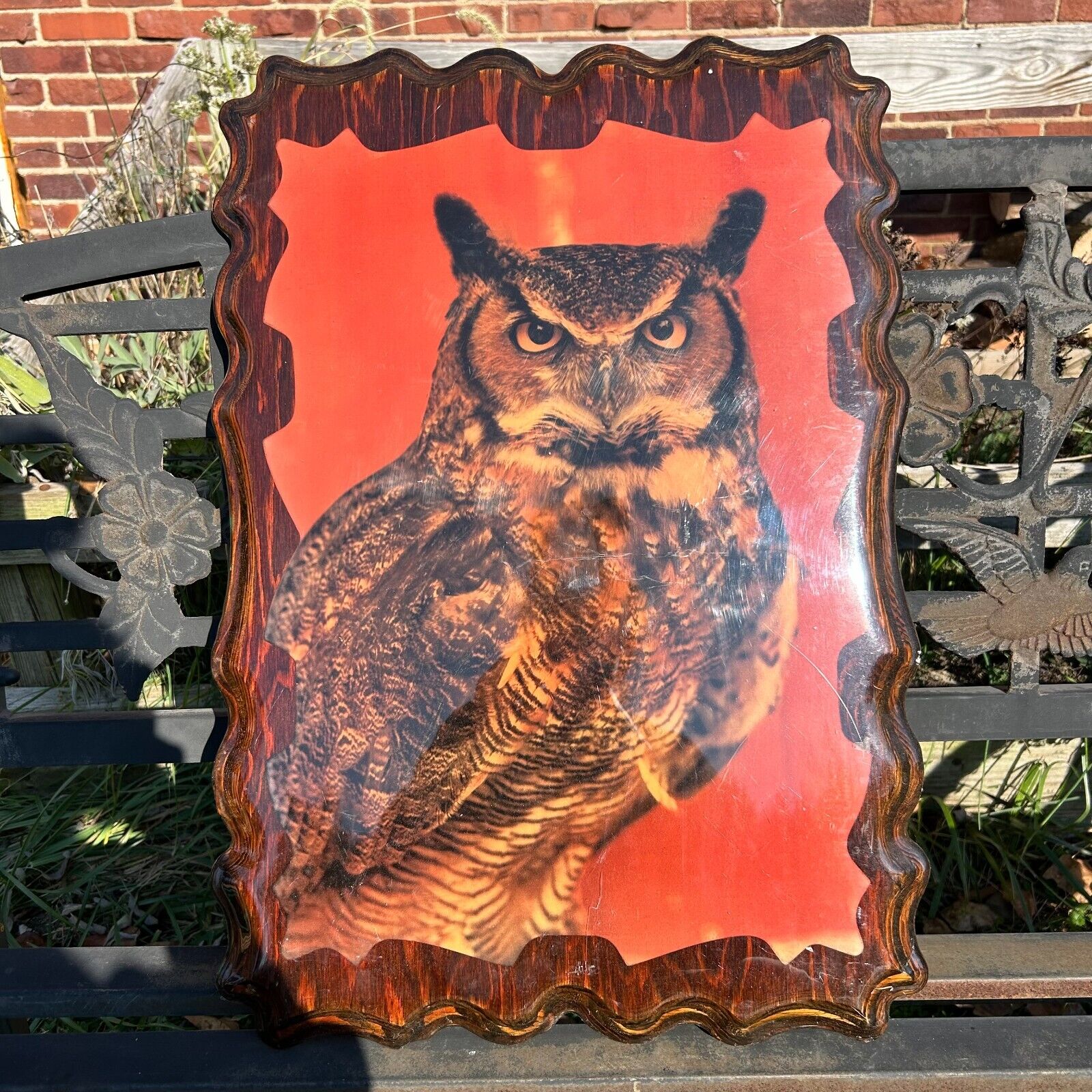 Vintage Great Horned Owl Wall Plaque Wooden Brown Bird Wildlife Hanging Retro