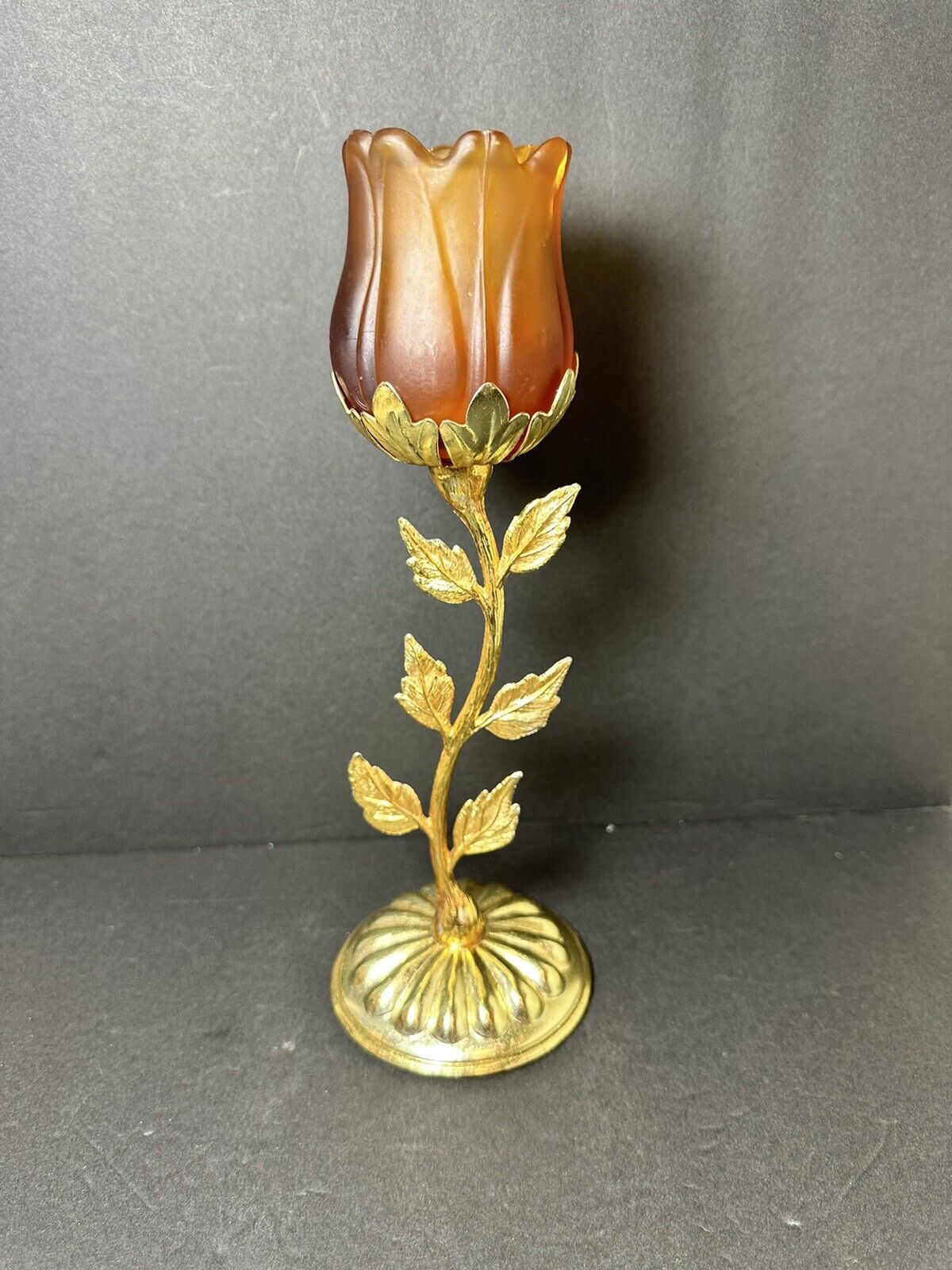 VTG Faroy Amber Satin Glass Tulip Votive Holder Gilt Gold Candlestick
