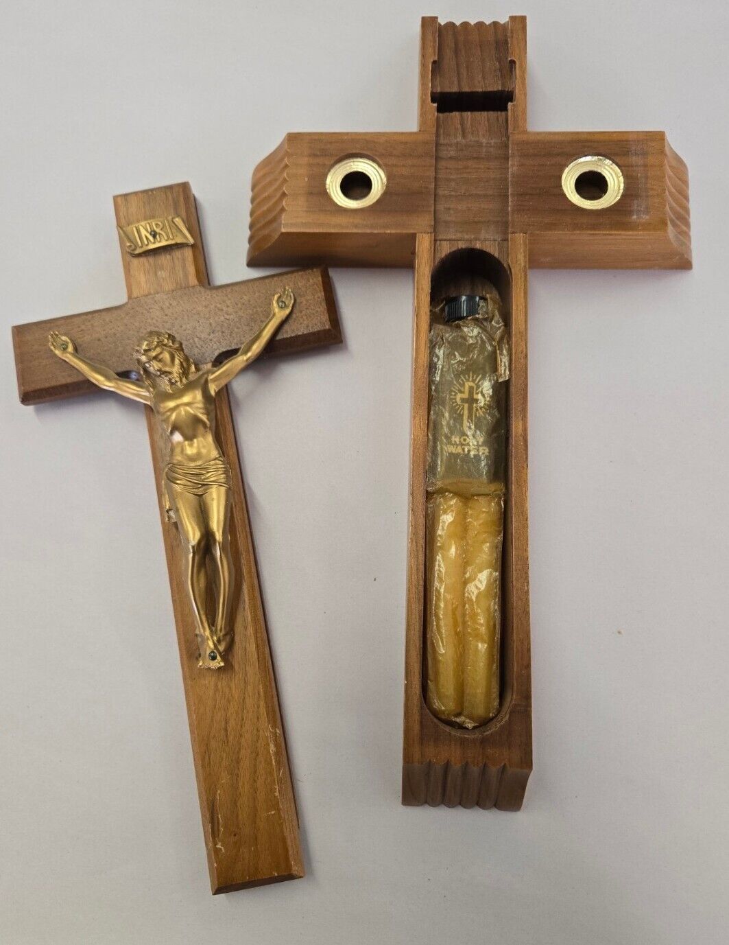 Vtg Catholic Wood Crucifix Cross Last Rites W Holy Water Bottle & Candles unused