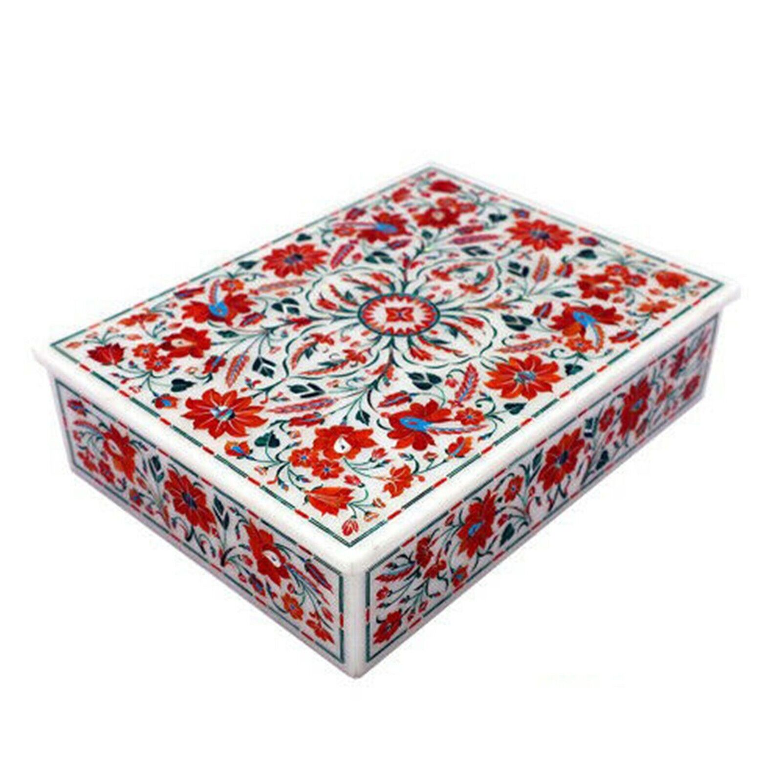 Rectangle White Marble Jewelry Box Carnelian Gemstone  Inlay Work Cosmetic Box