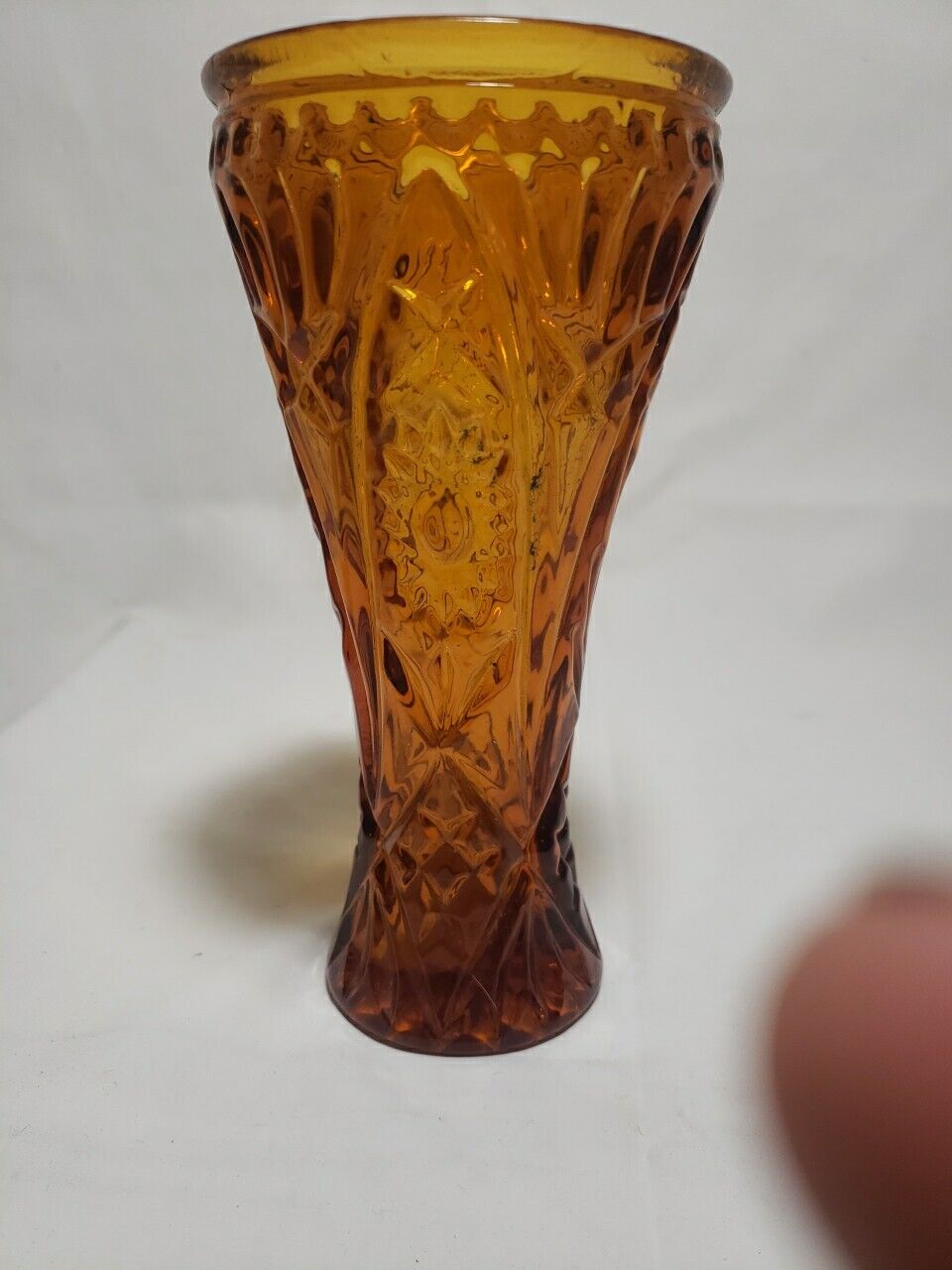 Vintage 6.5” Amber Colored Cut Glass Vase Great Detail and Design