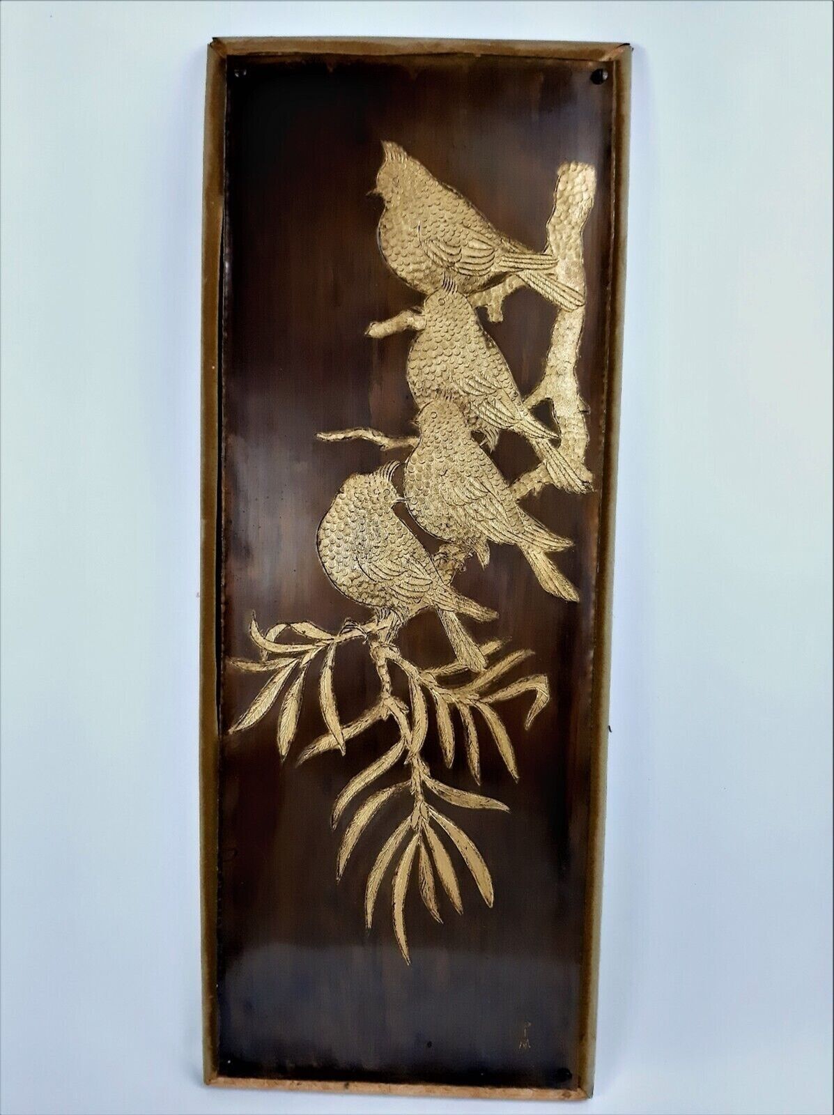 Vintage Mid Century Hammered Brass Inlaid Birds on Branches Wall Hanging Art