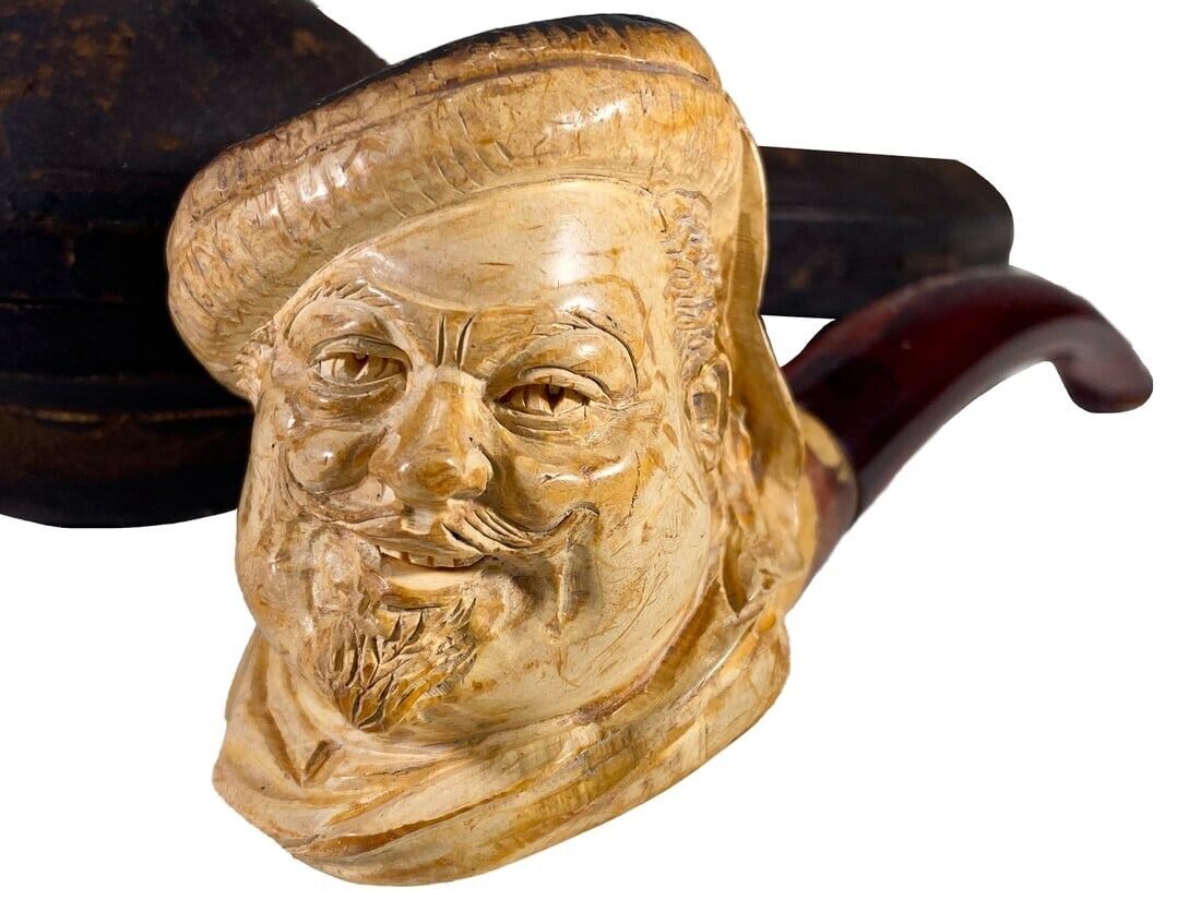 Antique German Echt Bernstein Meerschaum Pipe Orientalist Amber Stem Carved Head