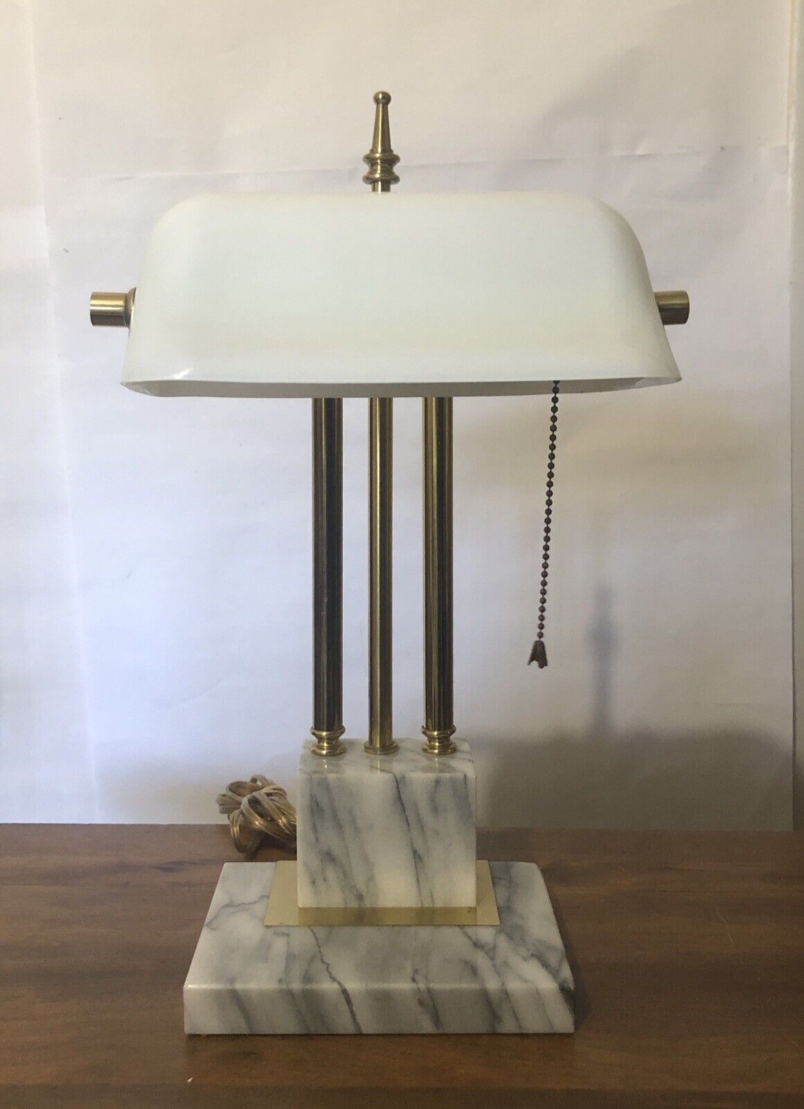 Vintage Brass White Marble Bankers Lamp White Milk Glass Shade 16.75\