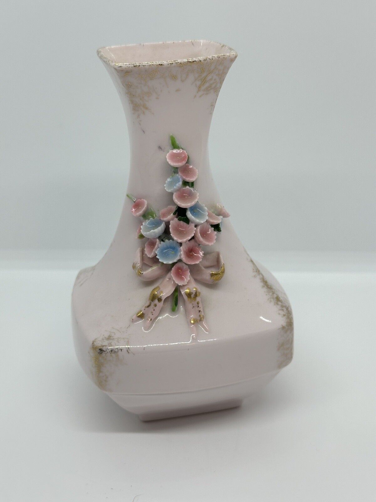 Lefton Forget Me Not Bud Vase Pink China Applied Flowers Hand Painted 50s VTG