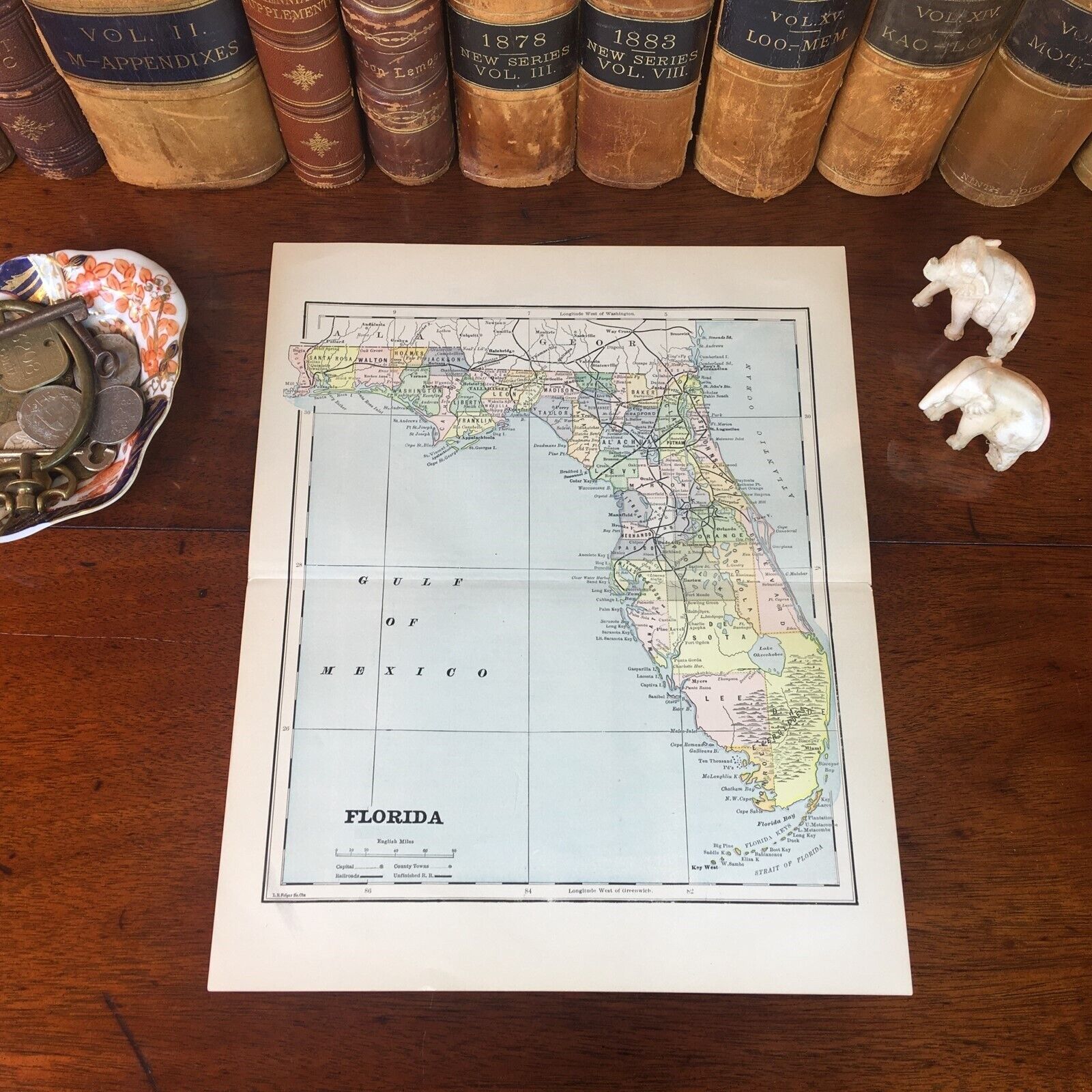 Original 1882 Antique Map FLORIDA Tallahassee Pompano Daytona Delray Miami Beach