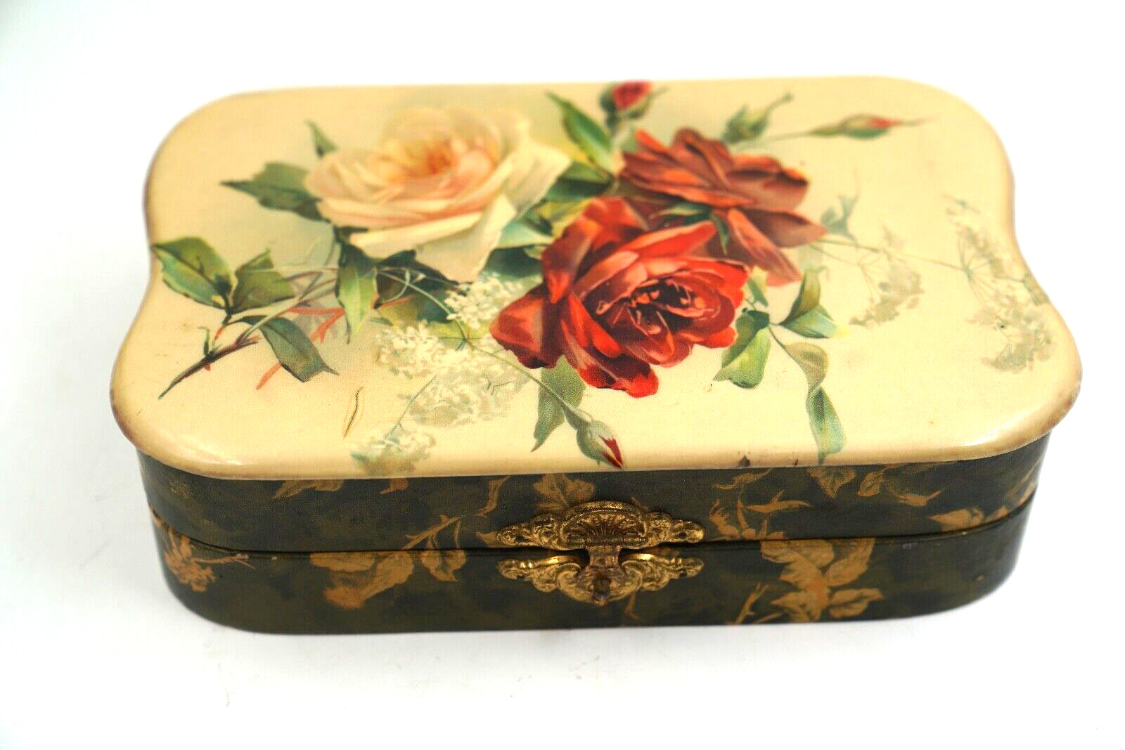 Antique Beautiful Victorian Celluloid Glove Dresser Box W/ Roses & Floral, 1901