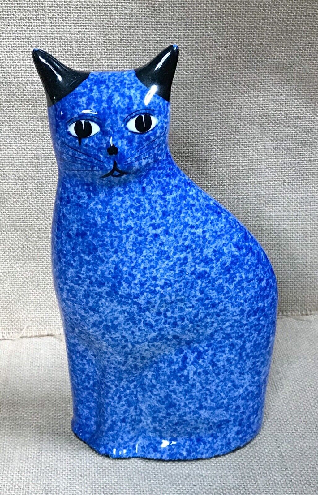 Vintage Ceramic Cobalt Blue Spongeware Cat Figure Statue Kitty Cottagecore