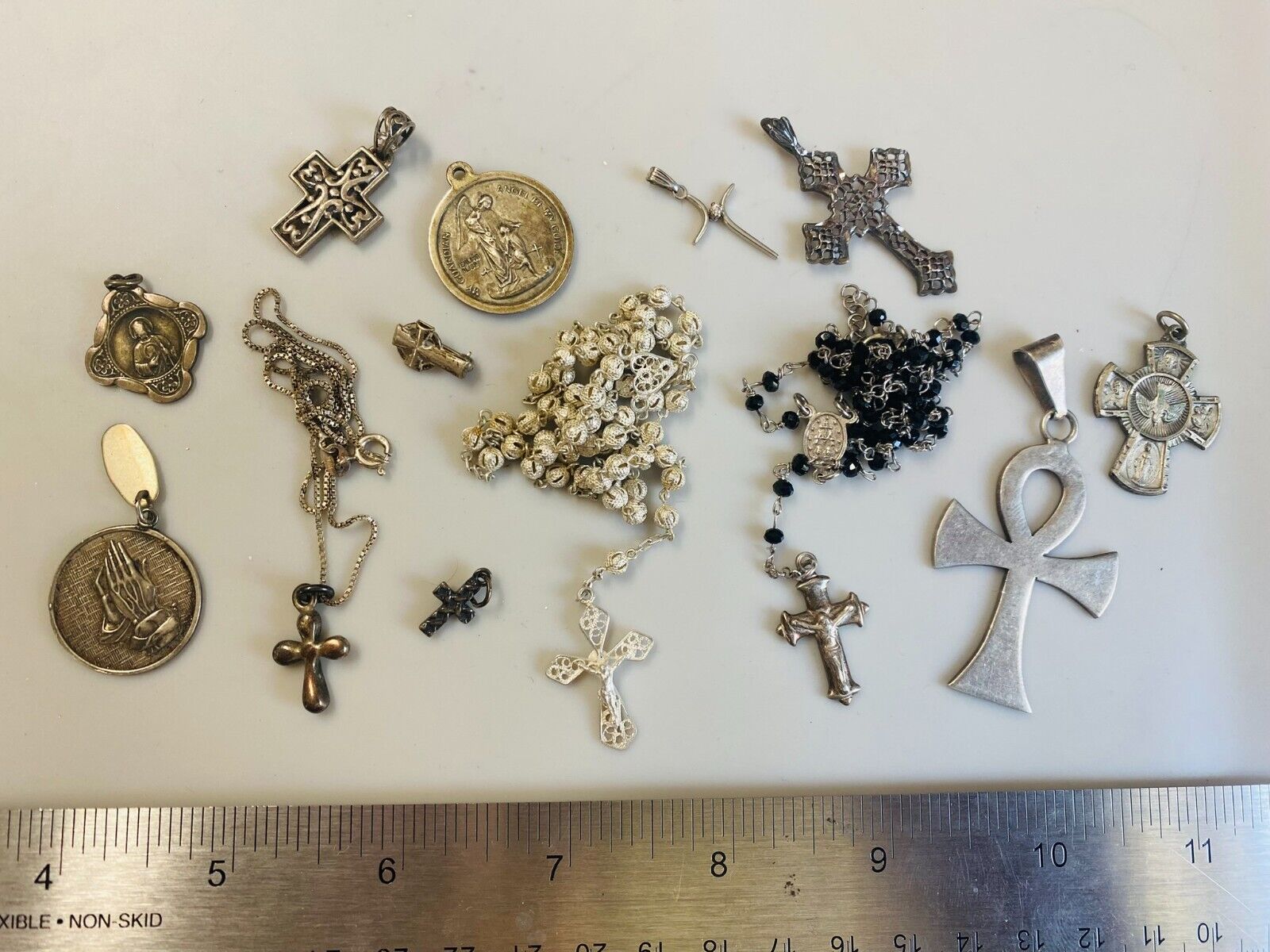 Collection Lot Vintage Sterling Silver Religious Medals Rosaries Crosses - S9