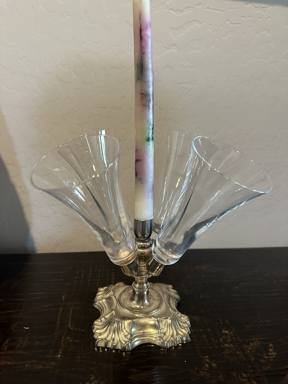 Vintage Fancy Nickel Silver Candle Stick With Glass Flutes