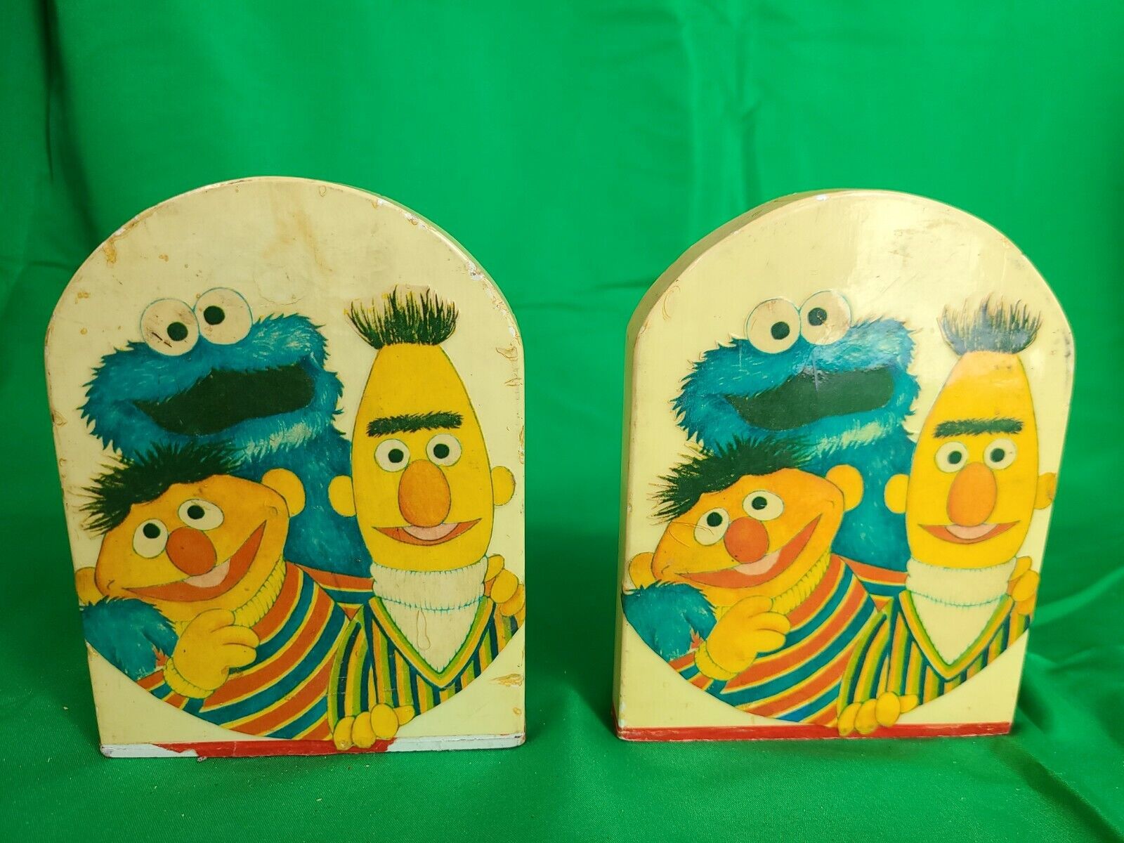 Vintage Hand Made Bert And Ernie and the Cookie Monster Wooden Bookends