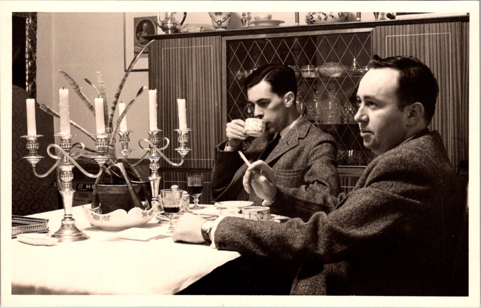 RPPC Two Men Sitting at Table Cigarette Coffee MCM Cabinet Tweed Clothing